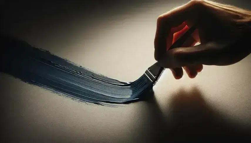Mano sosteniendo un pincel sobre lienzo en blanco con trazo de pintura azul oscuro que se aclara, destacando texturas y sombras.