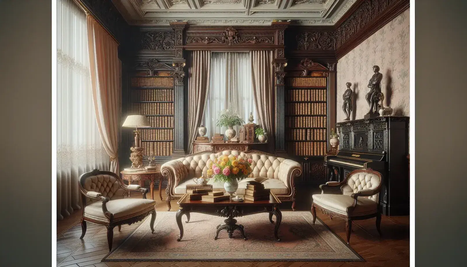 Salotto borghese ottocentesco con divano in velluto, sedie intagliate, tavolino con libri, vaso di fiori, pianoforte, libreria e statuetta in bronzo.