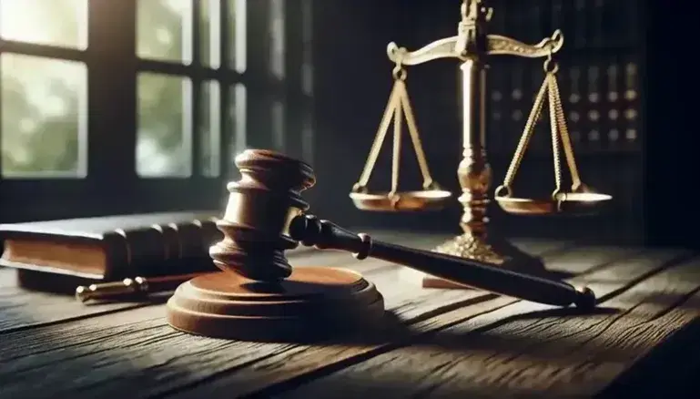 Gavel and balance scales on an aged wooden desk, symbolizing the justice system, with soft lighting and a blurred natural backdrop.