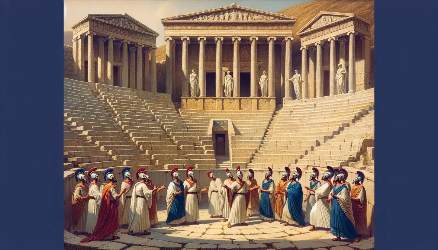 Scena di teatro greco antico all'aperto con tre attori mascherati in tuniche colorate davanti a colonne doriche e gradinate vuote.