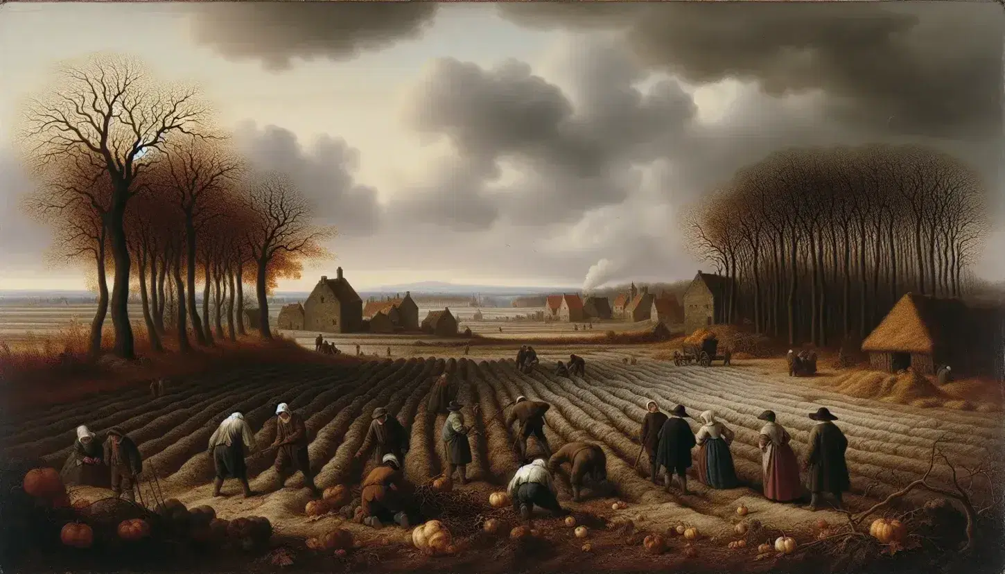 Paesaggio europeo del XVII secolo in autunno, contadini raccolgono frutti in campo arato, città in lontananza, cielo grigio minaccioso.