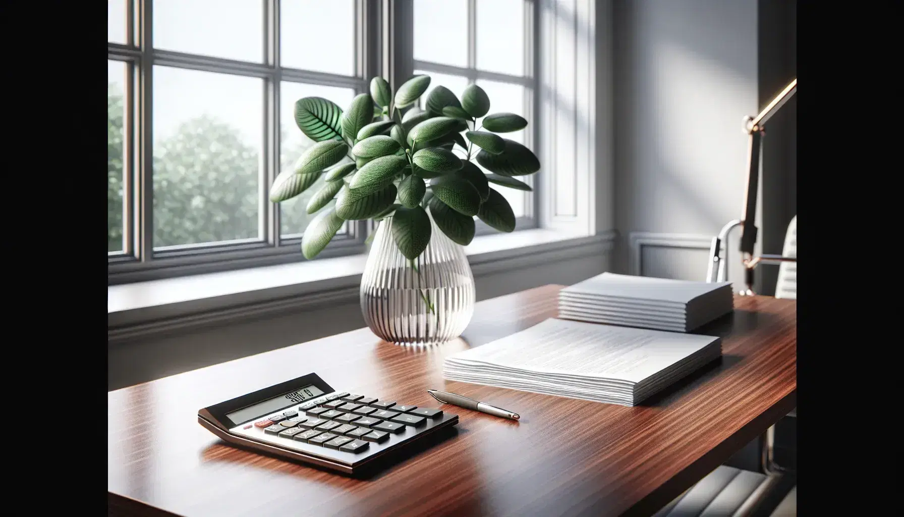 Organized office desk with a mahogany finish, modern calculator, stack of white papers, and a green potted plant by a window with soft natural light.