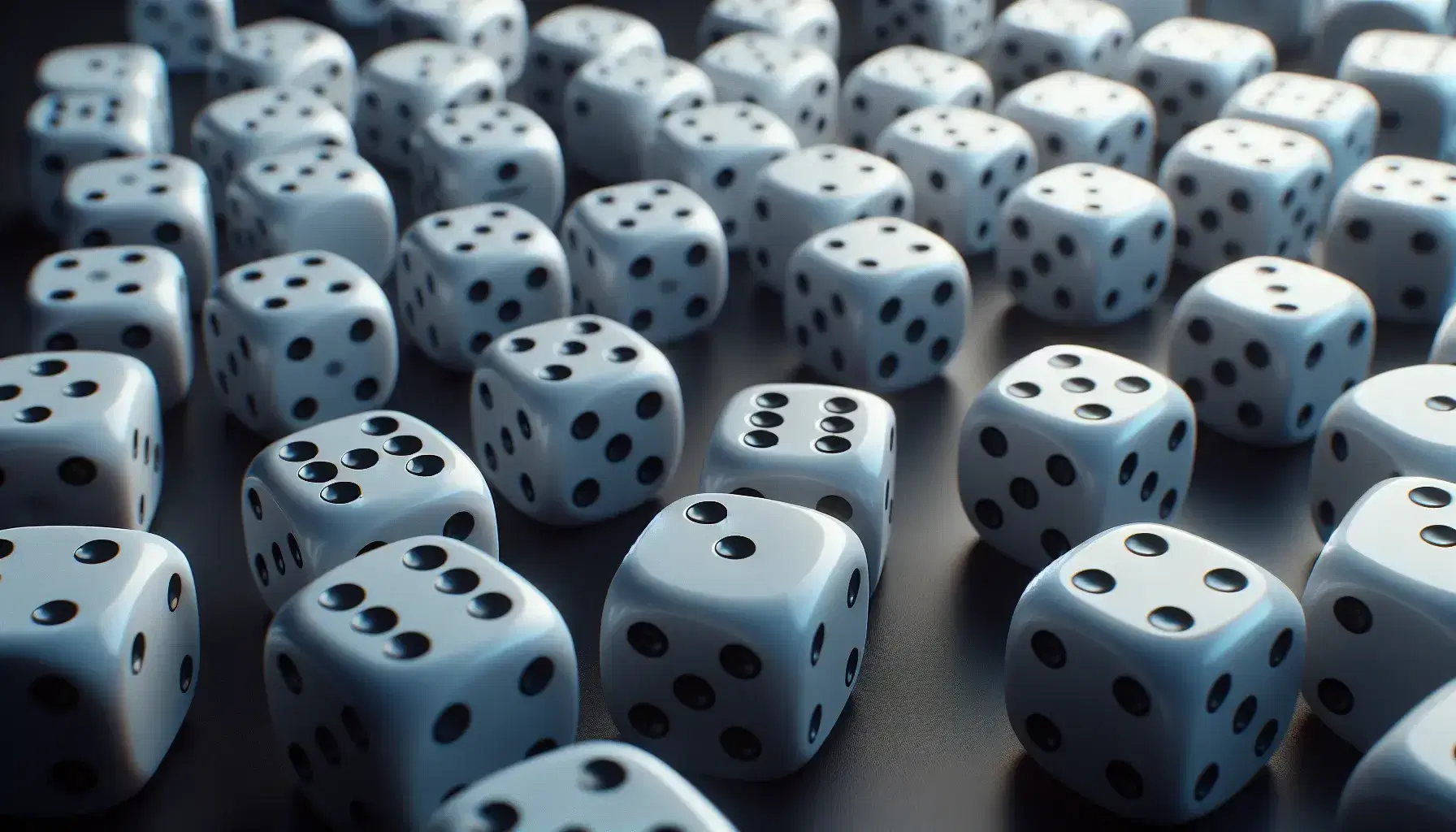 White dice with rounded corners and black dots randomly scattered on a matte black surface, with soft shadows and shallow depth of field.