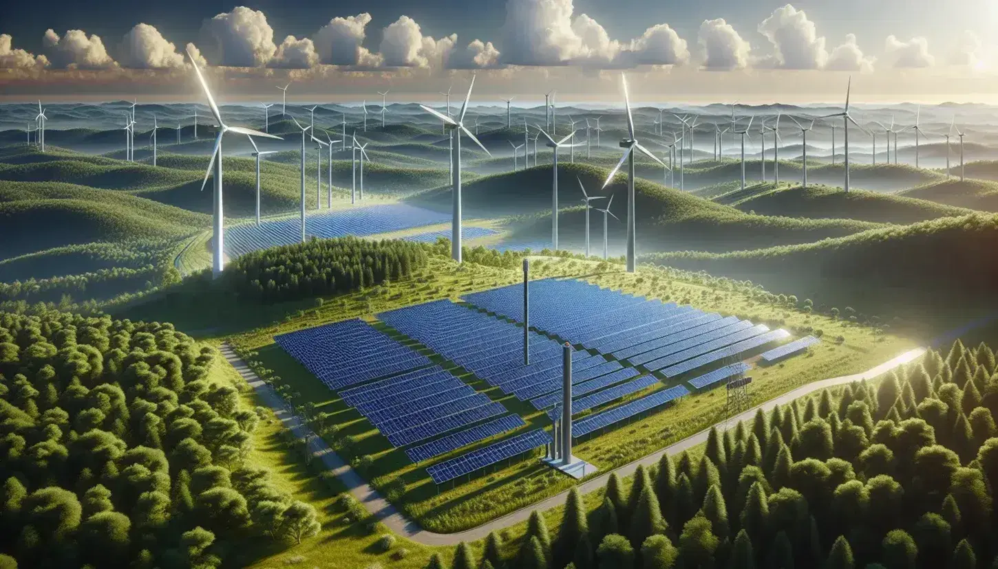 Campo de paneles solares y aerogeneradores en un paisaje abierto con colinas verdes y un pequeño bosque bajo un cielo azul con nubes dispersas.