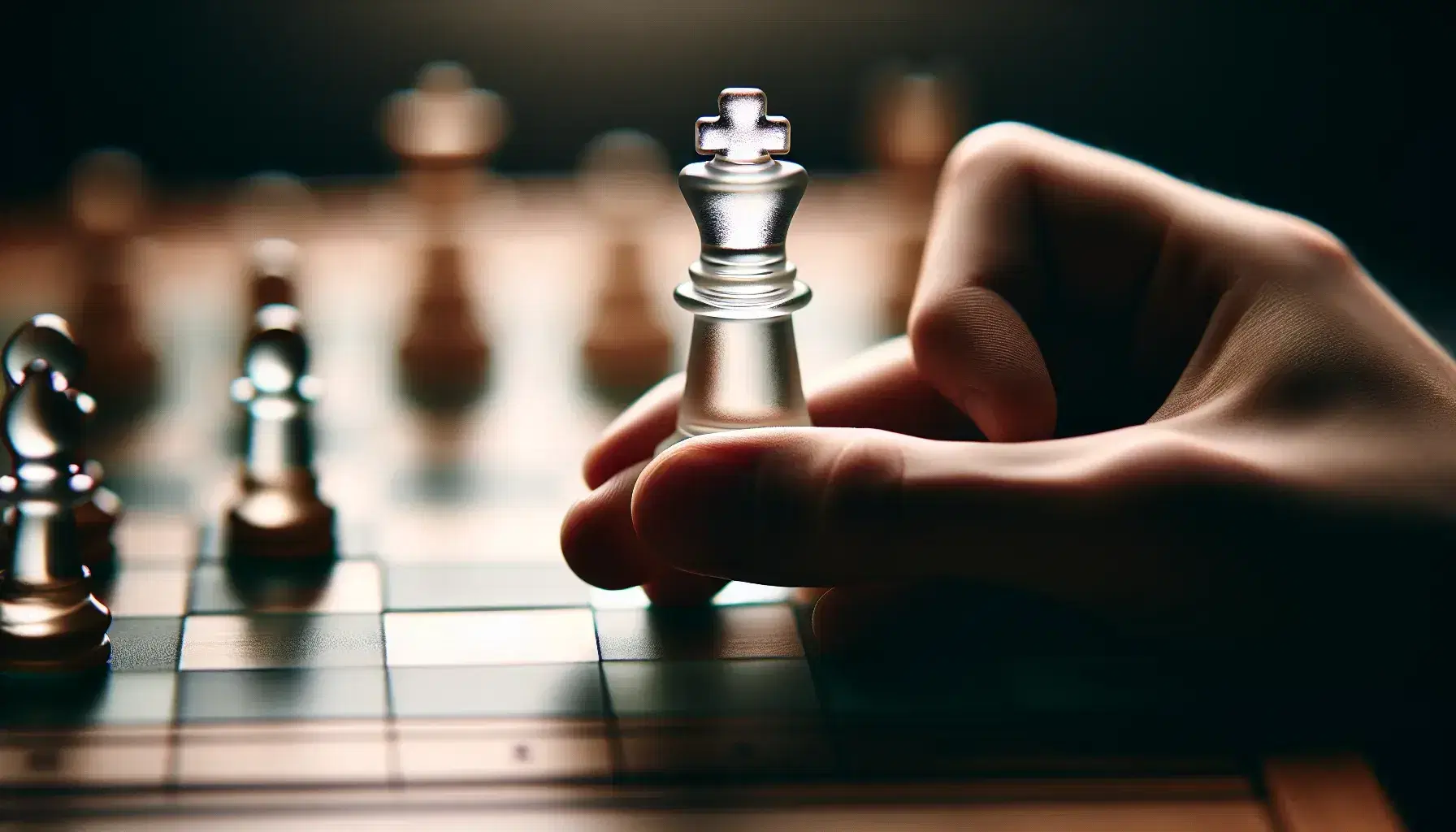 Hand holding a transparent glass chess king with a blurred chessboard in the background, highlighting the piece's intricate details and soft reflections.