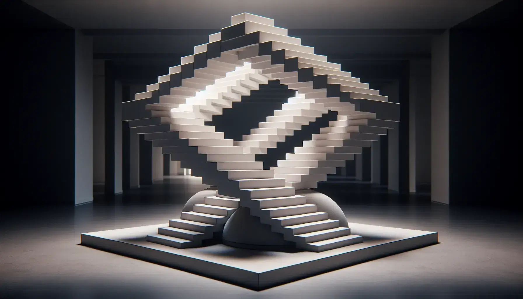 Scultura ispirata a Escher con scala infinita bianca su base sferica grigia, contrasto marcato, sfondo interno sfocato.