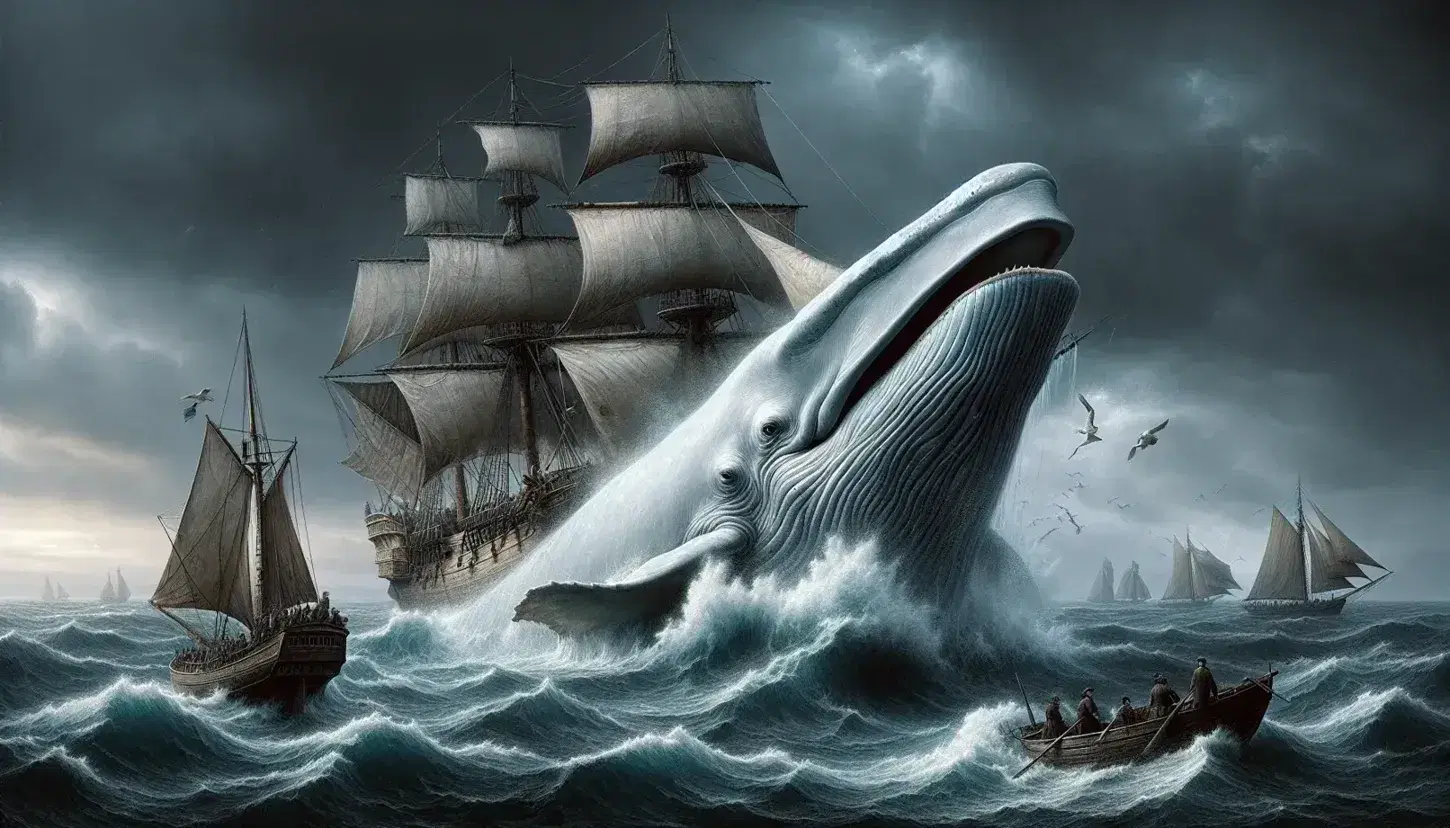 Balena bianca Moby Dick emerge tra onde tumultuose, nave baleniera inclinata e capitano Ahab punta arpone, cielo tempestoso.