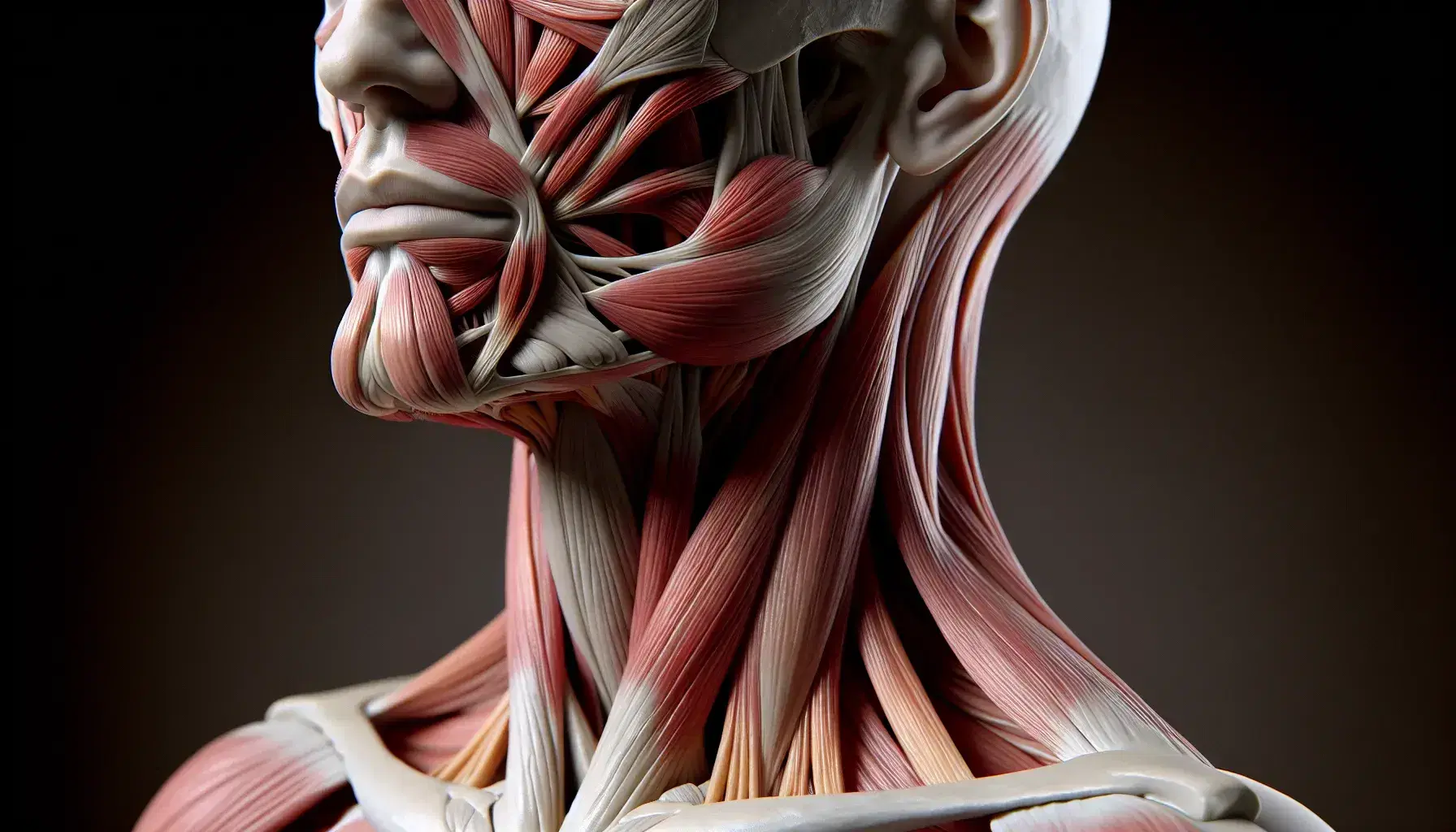 Vista anatómica detallada en 3D de los músculos del cuello humano, con fibras musculares visibles y mandíbula inferior como referencia.