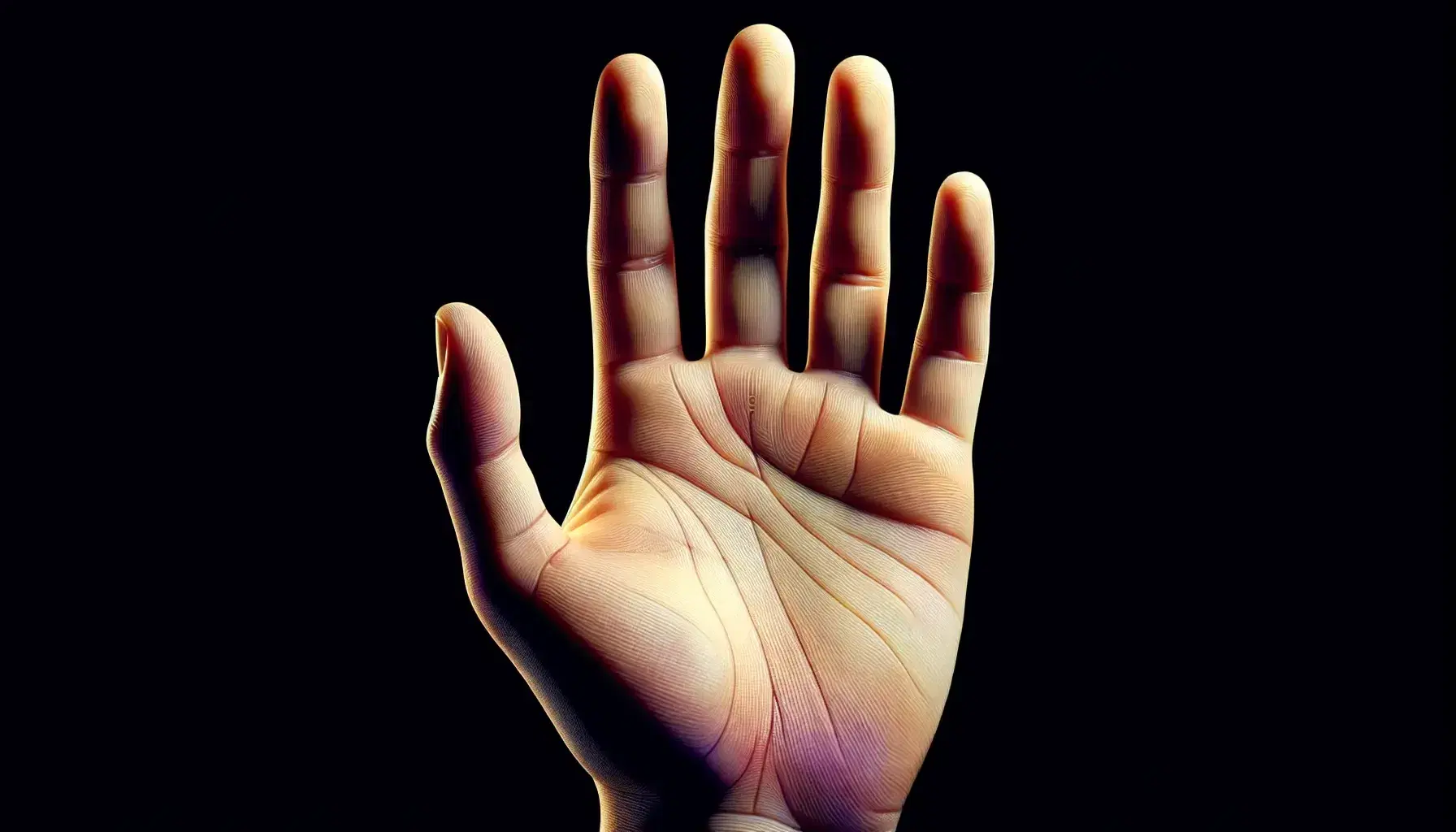 Mano umana aperta con palmo verso l'alto, pelle liscia e unghie curate, illuminazione laterale che evidenzia linee e contorni.