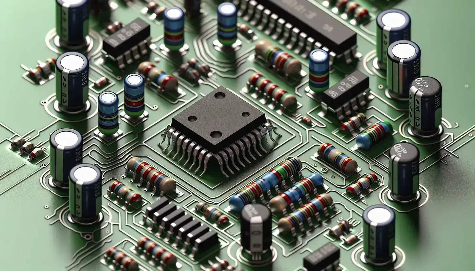 Close-up of a green electronic board with NOR integrated circuit, colored resistors, metal capacitors and diodes on copper traces.