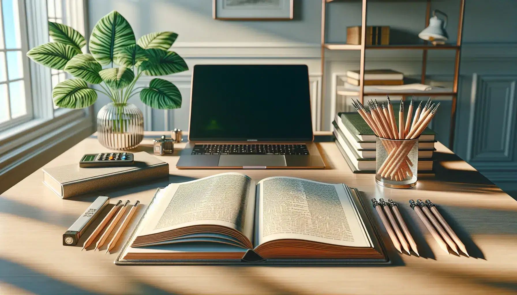 Close-up view of a tidy study desk with an open book, a silver laptop with a blank screen, and a glass holding various writing utensils, next to a vibrant potted plant.