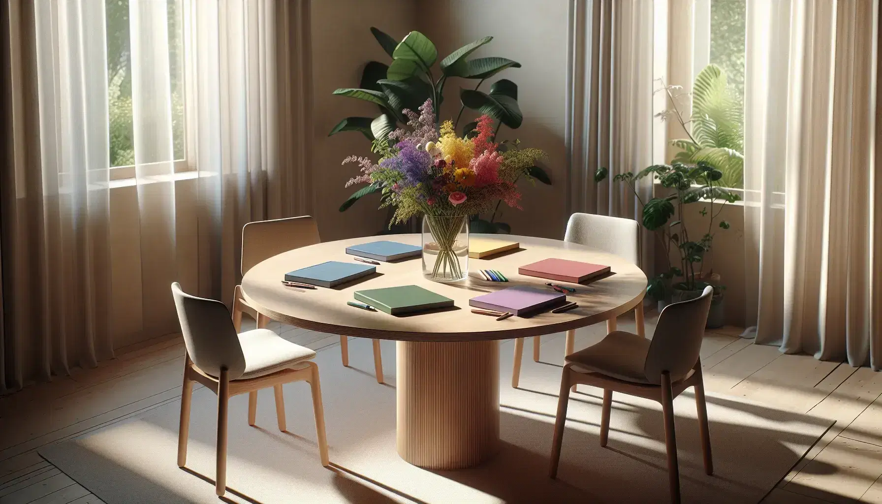Mesa redonda de madera clara con cinco sillas grises contemporáneas y jarrón con flores frescas junto a libretas de colores y lápices bajo luz natural.