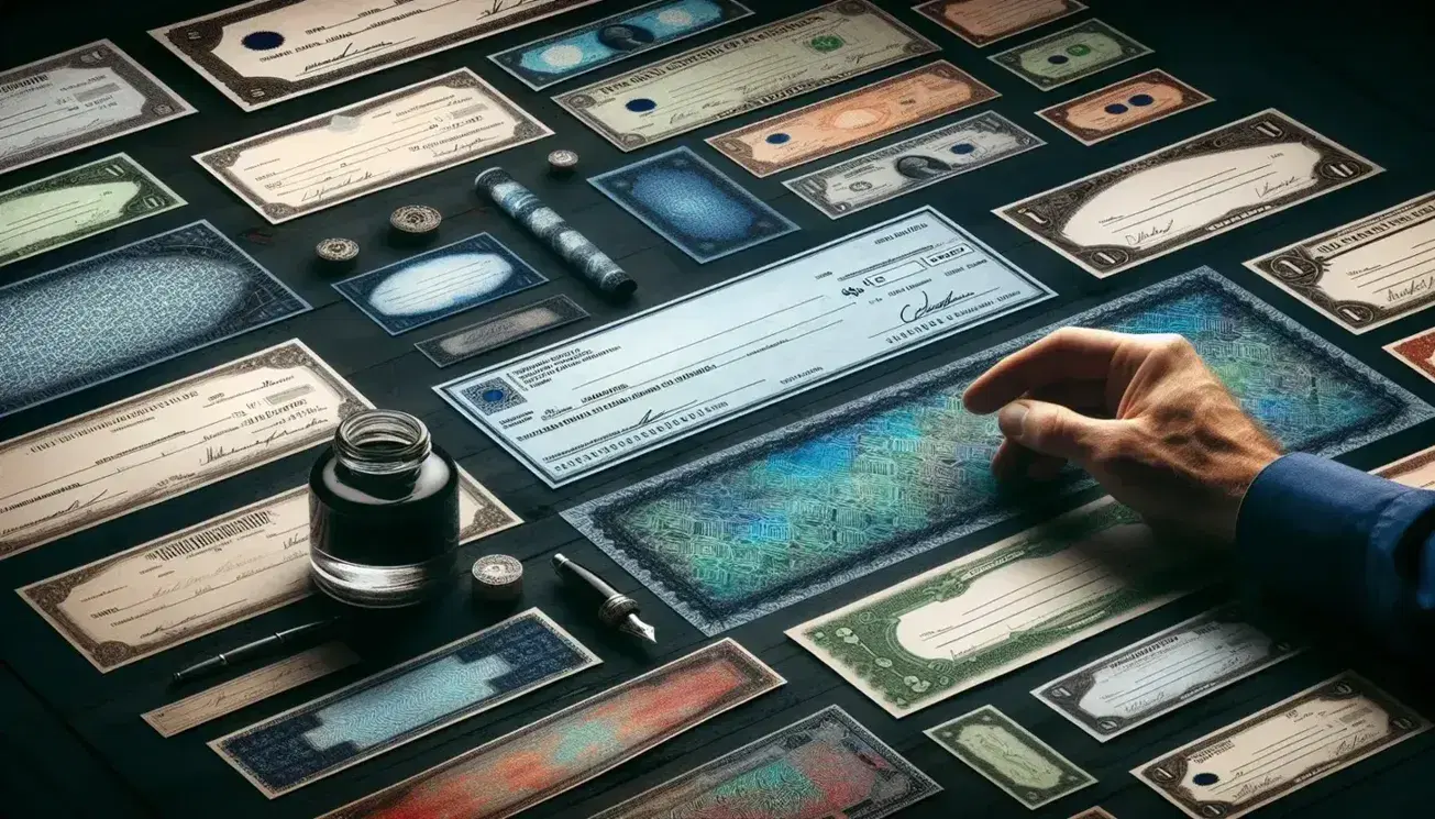 Mano maschile che sfiora titoli finanziari e assegno non compilato su tavolo scuro con calamaio e penna stilografica.