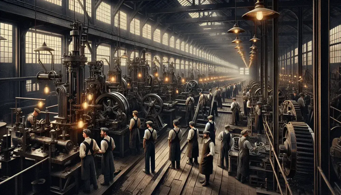 Trabajadores operando maquinaria pesada en fábrica de la Segunda Revolución Industrial, con iluminación natural y lámparas incandescentes.