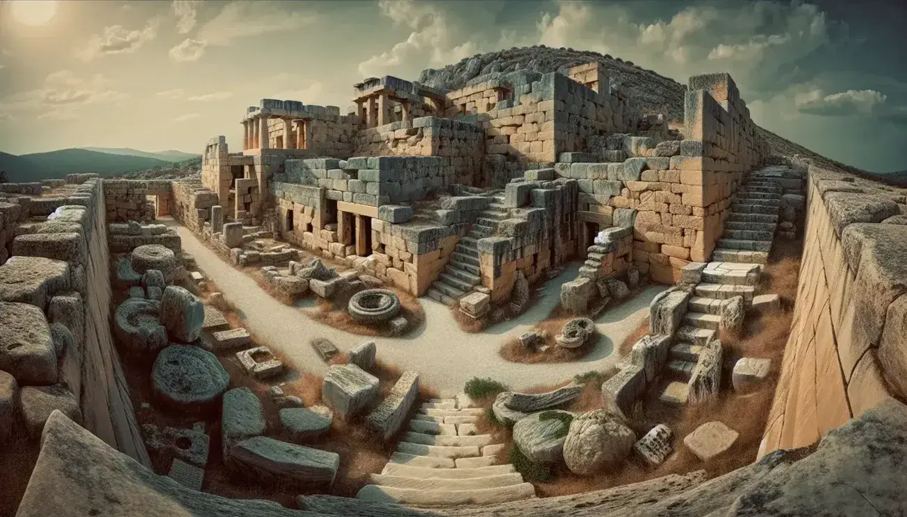 Vista panoramica delle rovine di un palazzo miceneo con mura di pietra, scalinata erosa e resti di tholos su sfondo di colline mediterranee.