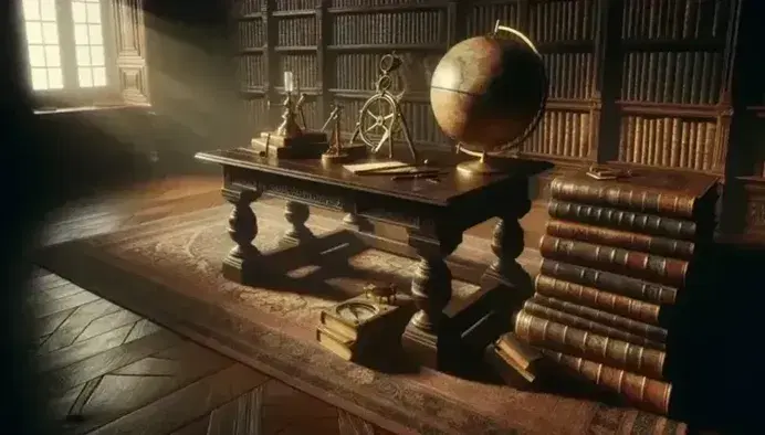 Escena de estudio antiguo con mesa de madera oscura, globo terráqueo antiguo, instrumentos de navegación de latón, libros encuadernados en cuero y estanterías repletas en fondo iluminado por luz natural.