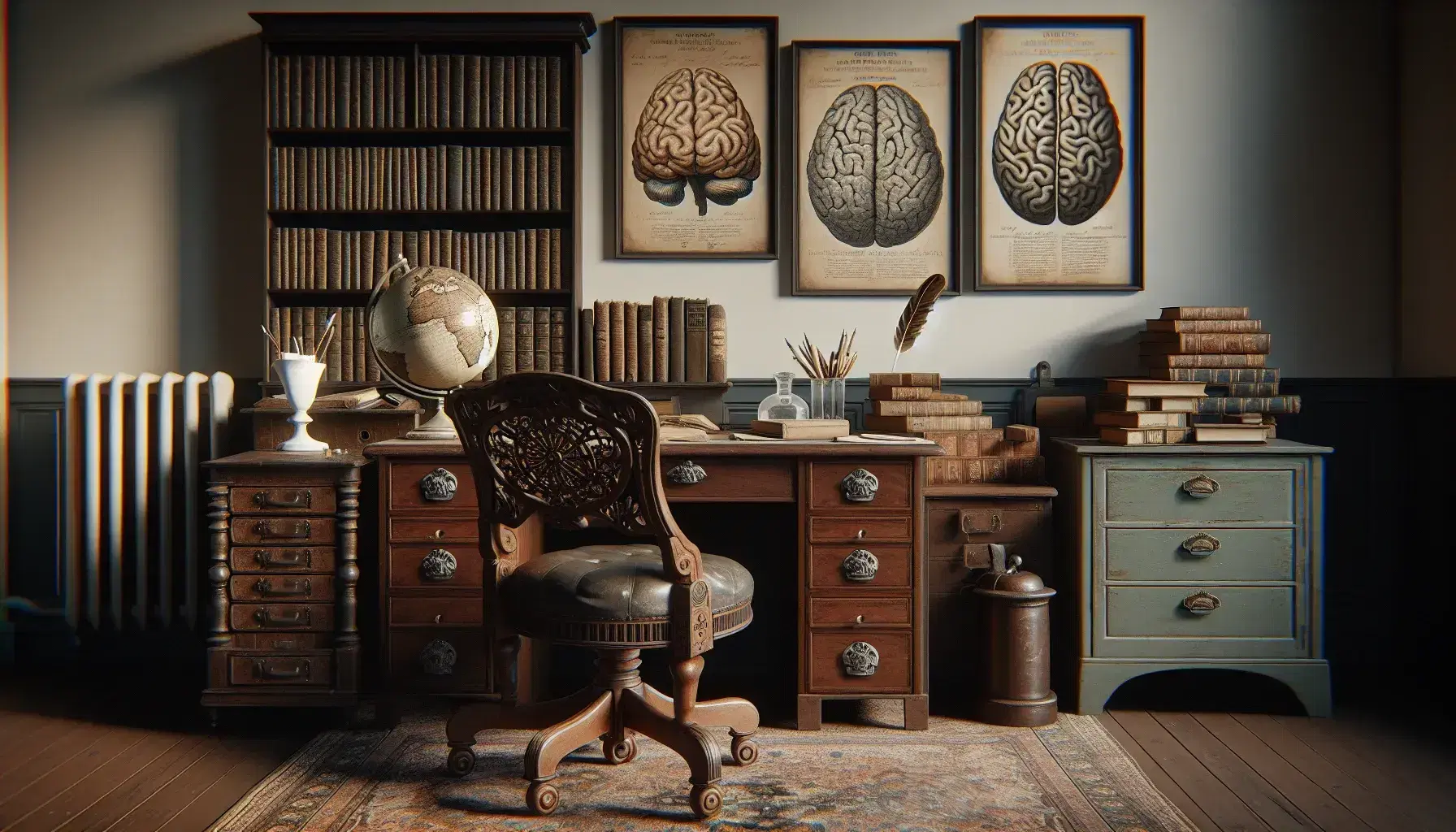 Consultorio psiquiátrico antiguo con silla de madera tallada, escritorio oscuro, tintero de porcelana, libros de cuero, globo antiguo, estantería con libros, ilustraciones anatómicas y alfombra persa.