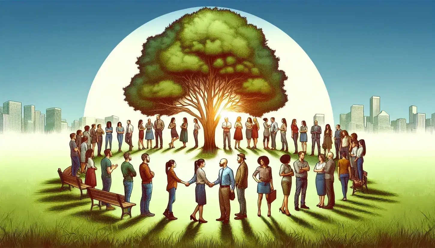Grupo diverso de personas interactuando en un parque urbano con un árbol central, bajo un cielo azul con edificios al fondo.
