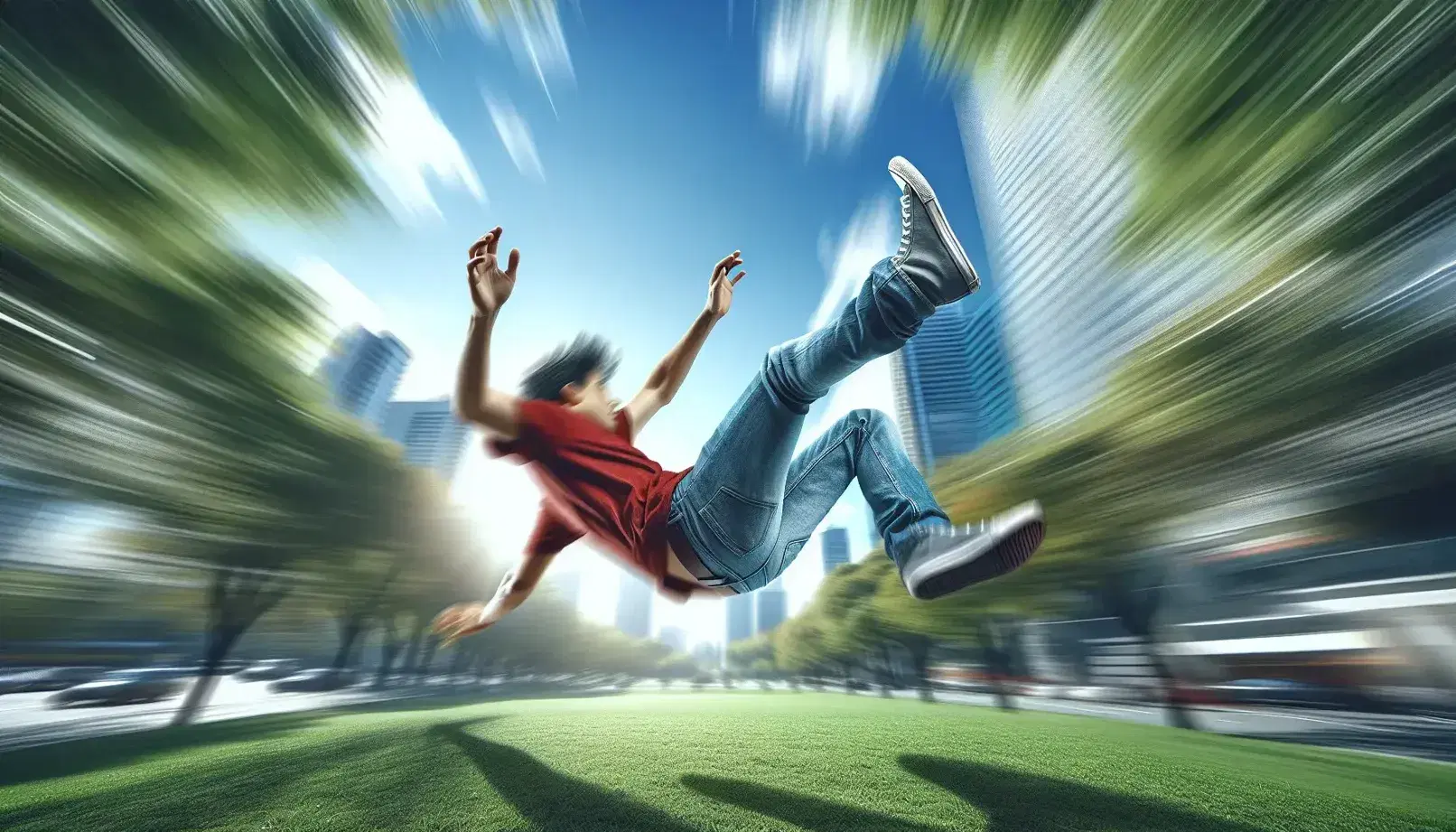 Person in mid-fall with arms outstretched, wearing blue jeans and a red t-shirt against a blurred park backdrop with greenery and a blue sky.