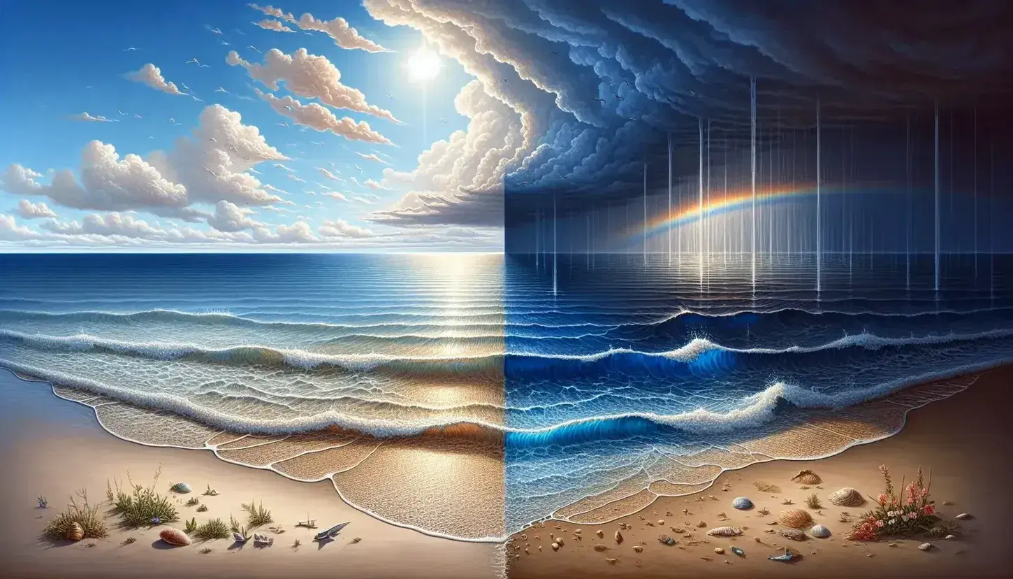Ciclo dell'acqua naturale con oceano, spiaggia sabbiosa, cielo nuvoloso, arcobaleno, fiume e uccelli acquatici sulle rive.