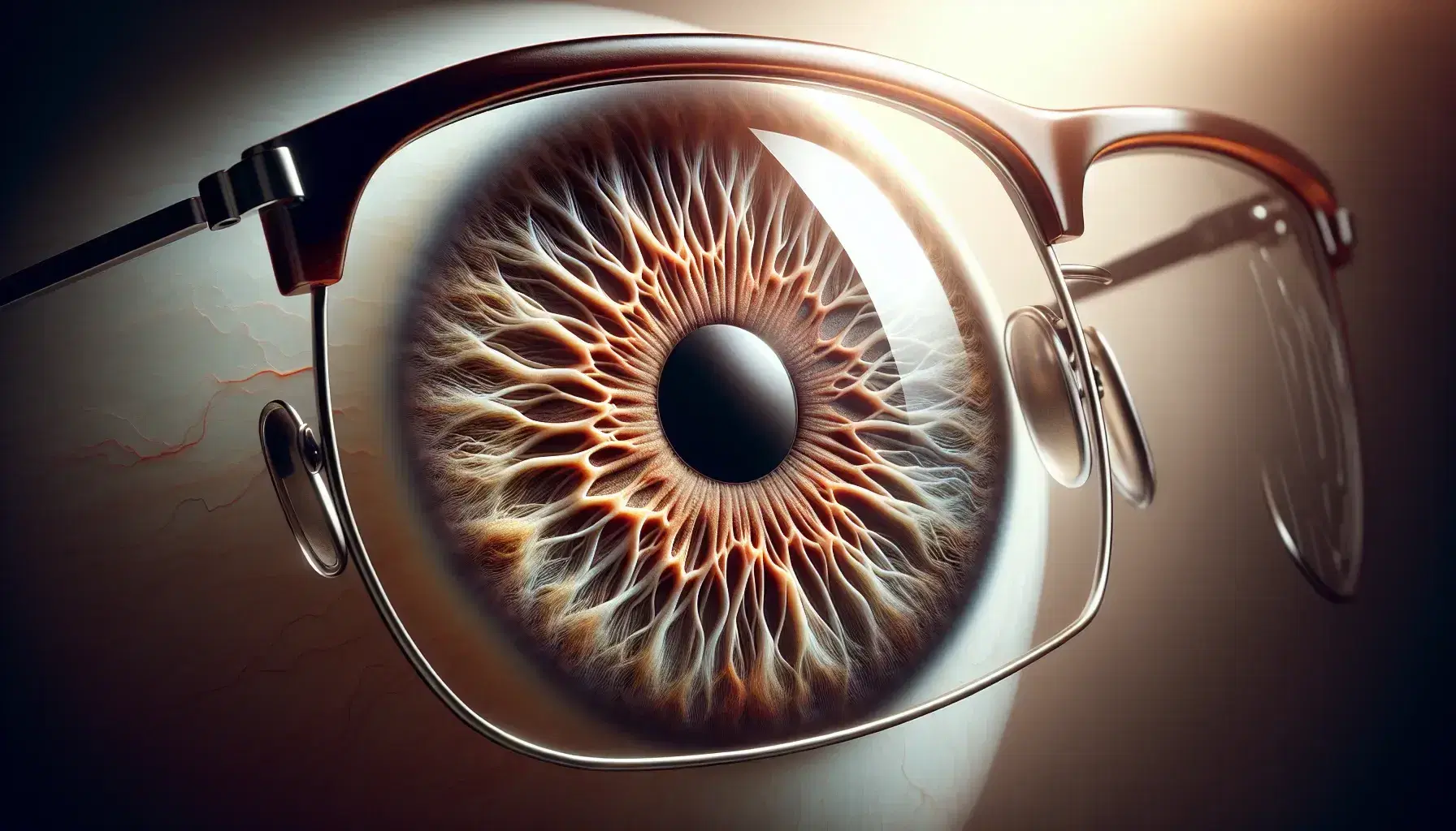 Close-up view of a human eye with a detailed brown iris and central black pupil, magnified by a lens from silver-framed eyeglasses.