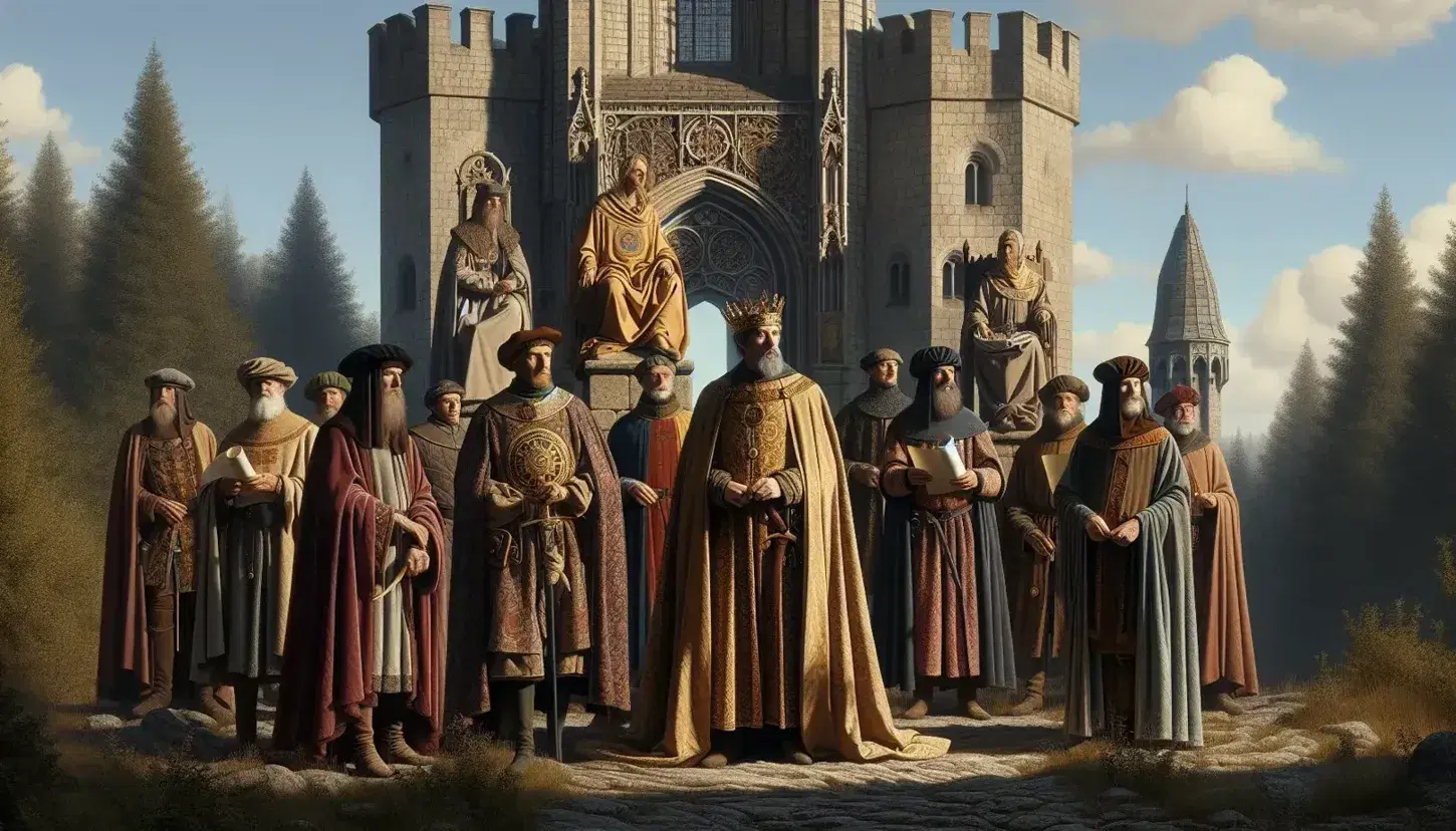 Grupo de figuras en atuendos medievales con un rey en el centro, rodeado de nobles ante un castillo con cielo azul y vegetación perenne.