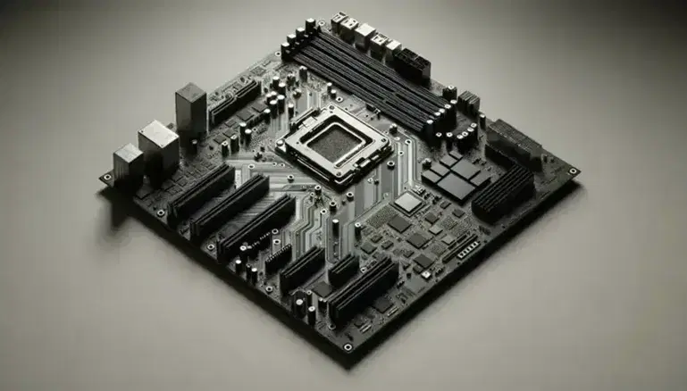 Placa base de computadora en fondo neutro mostrando procesador central, zócalos de memoria RAM y diversos conectores y puertos.