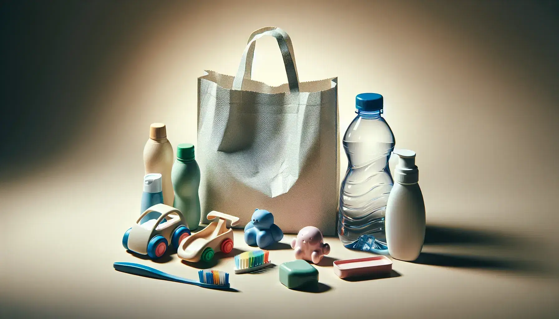 Colección de objetos cotidianos con botella de plástico transparente y tapa azul, bolsa de plástico arrugada, juguete infantil colorido, cepillo de dientes con cerdas multicolores y envase cosmético con tapa rosa, sobre fondo neutro.