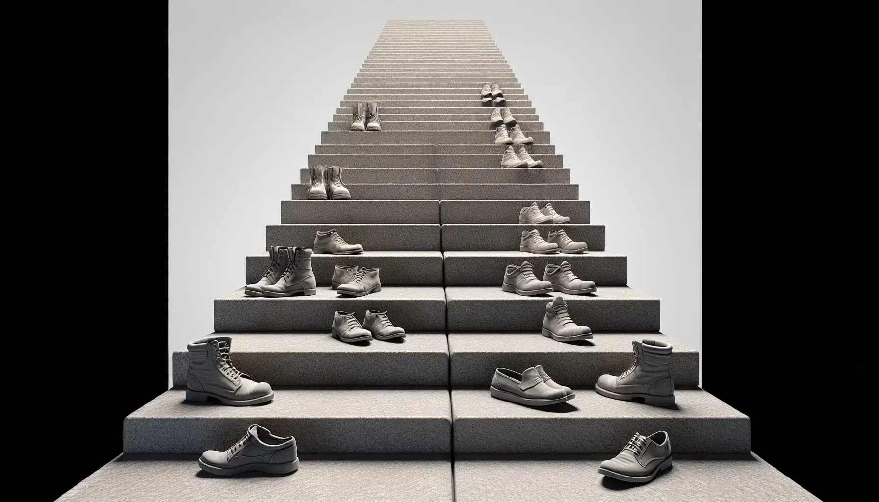 Ascending stone staircase with varied pairs of shoes on each step, from worn work boots to elegant high heels, against a gradient backdrop.