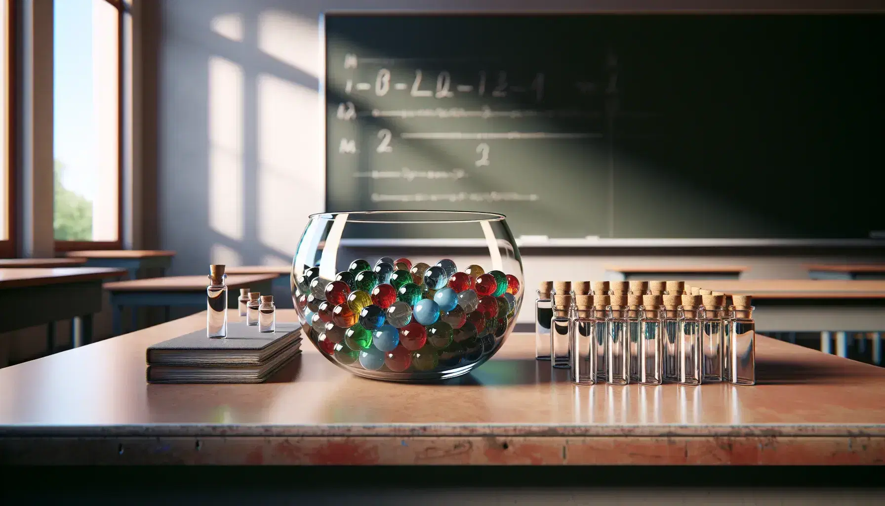 Tidy desk in classroom with glass bowl full of colorful marbles and row of small empty vials, clean blackboard on background.