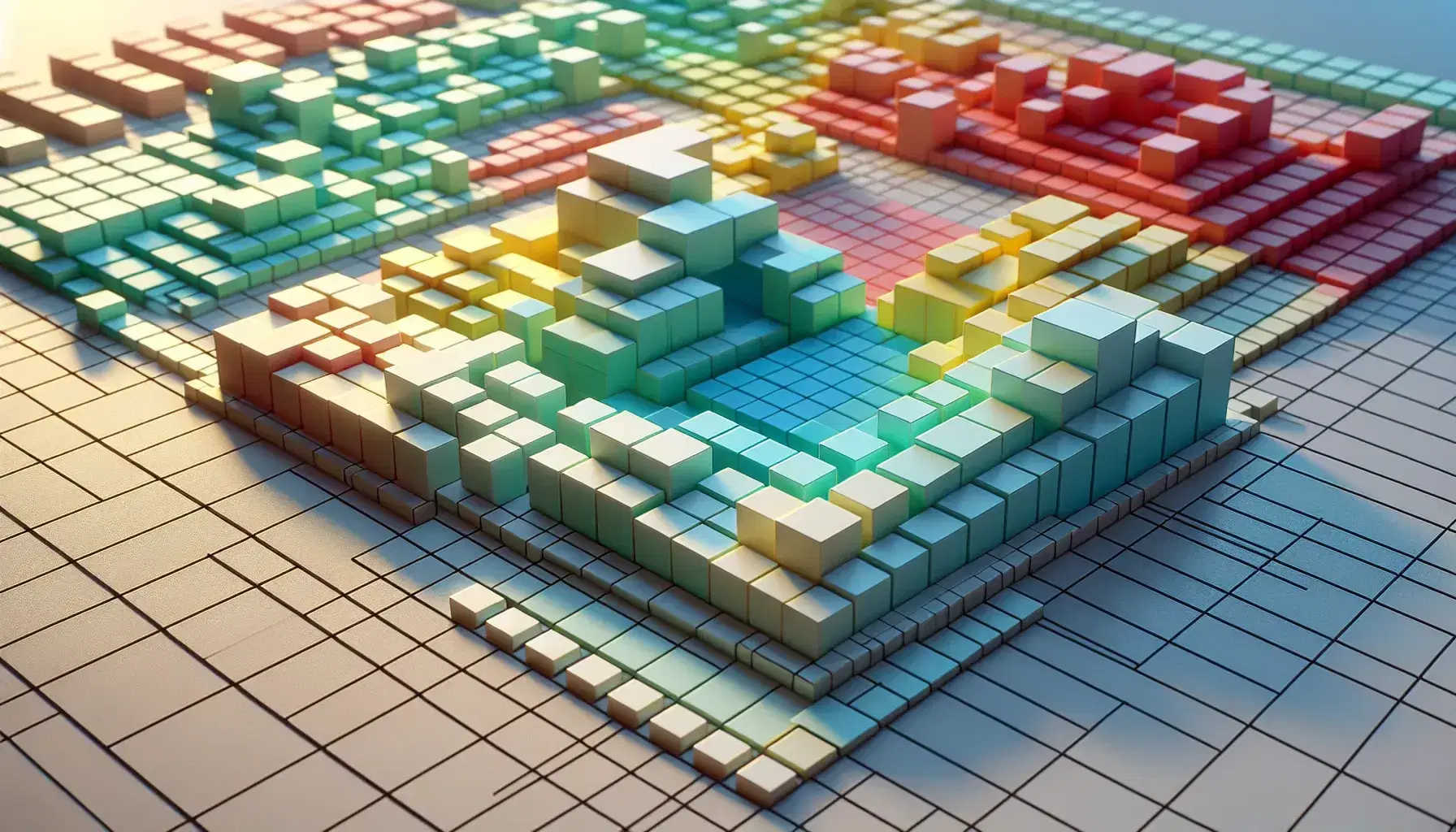 Bloques tridimensionales translúcidos en colores variados organizados en matriz sobre superficie neutra con sombras suaves y efecto de profundidad.