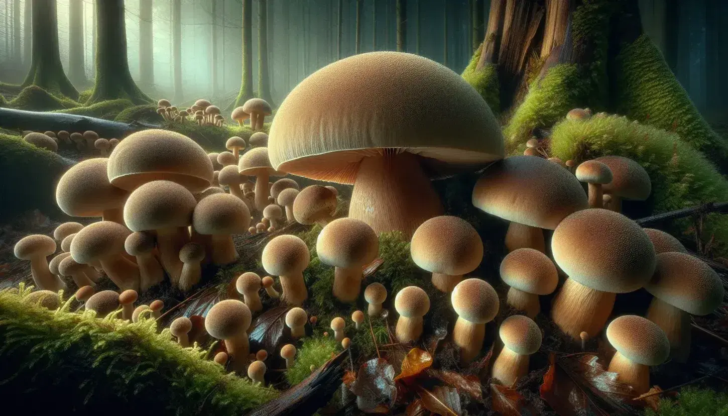 Funghi selvatici in sottobosco umido con grande fungo marrone al centro, circondato da esemplari più piccoli e alberi muschiosi.