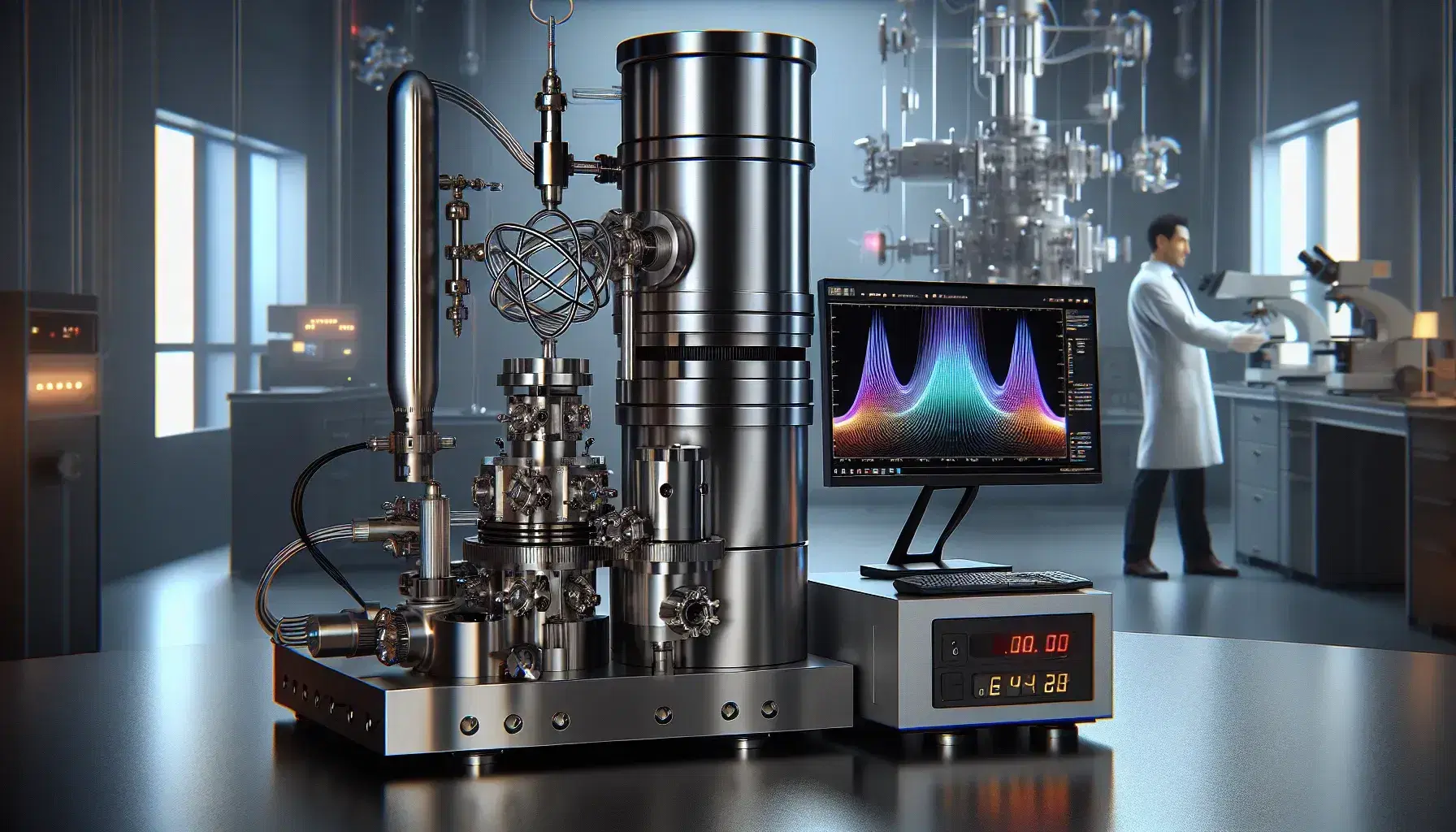 Modern laboratory with steel photoelectron spectrometer, connected tubes and cables, colorful graph on monitor and scientist at work.
