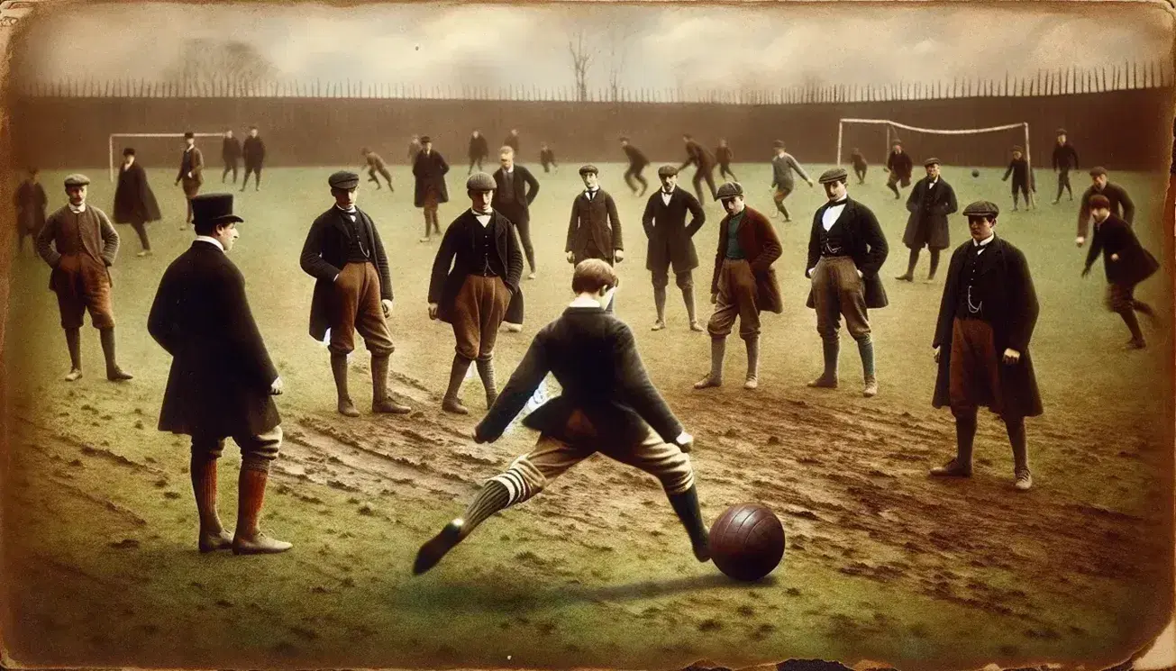 Grupo de personas vestidas con ropa de finales del siglo XIX jugando al fútbol en un campo abierto, con un balón de cuero marrón antiguo.