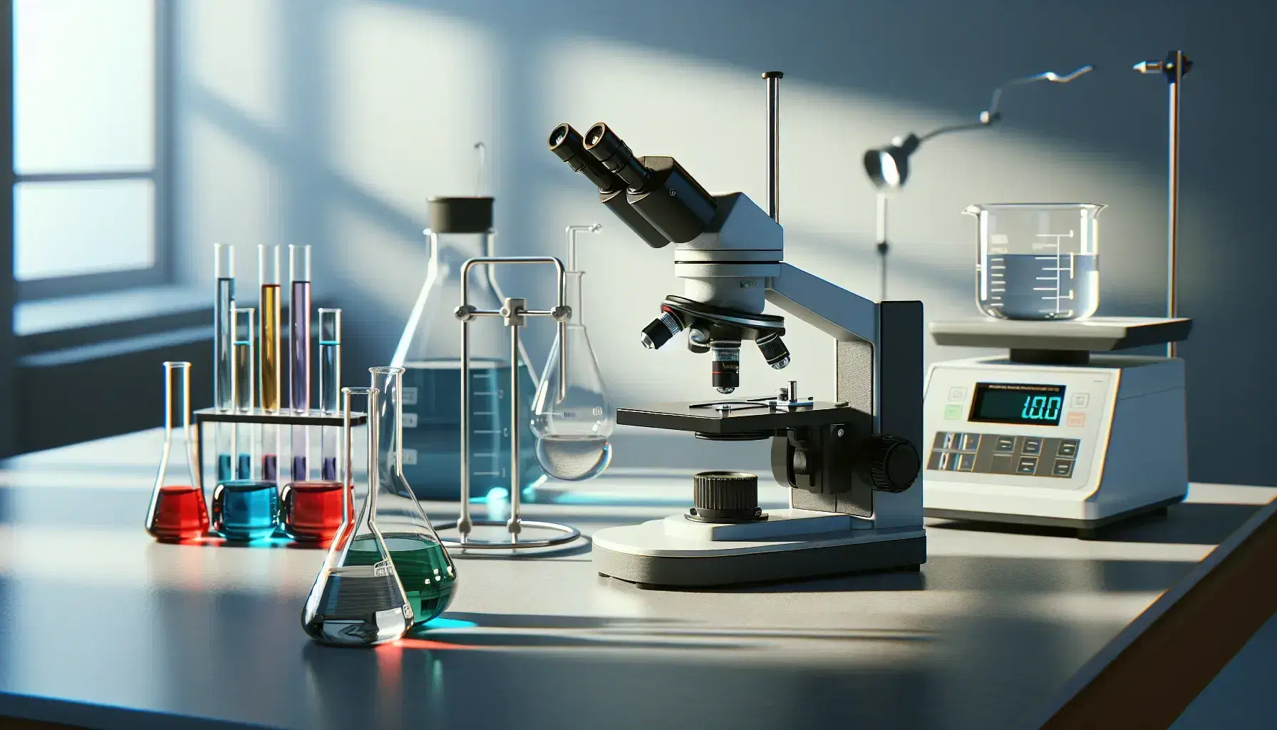 Laboratorio científico con microscopio, tubos de ensayo con líquidos de colores, matraz Erlenmeyer y balanza analítica.