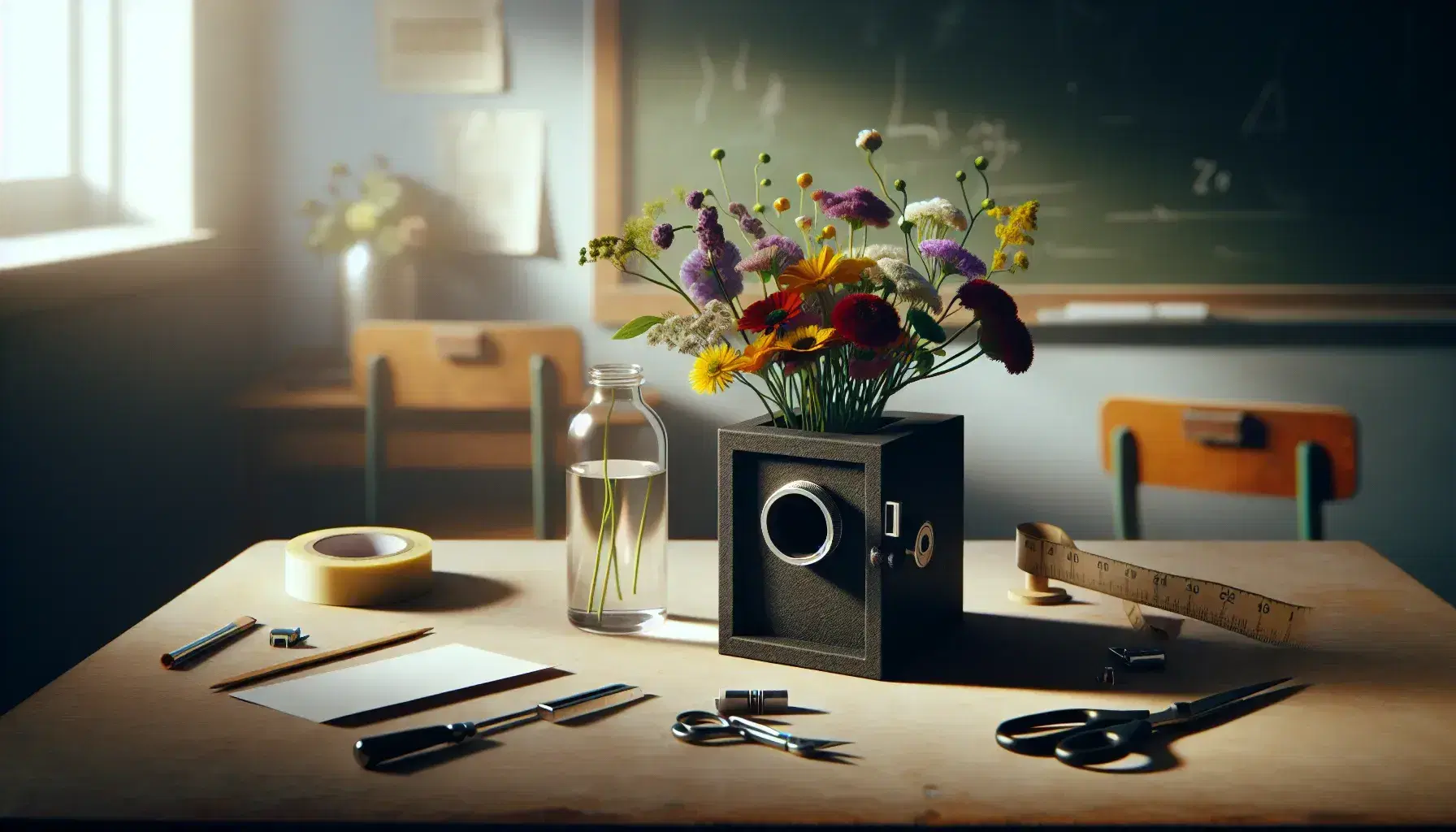 Handcrafted pinhole camera on a wooden table with a vase of colorful flowers and assembly tools, suggesting a creative photography project in a classroom setting.