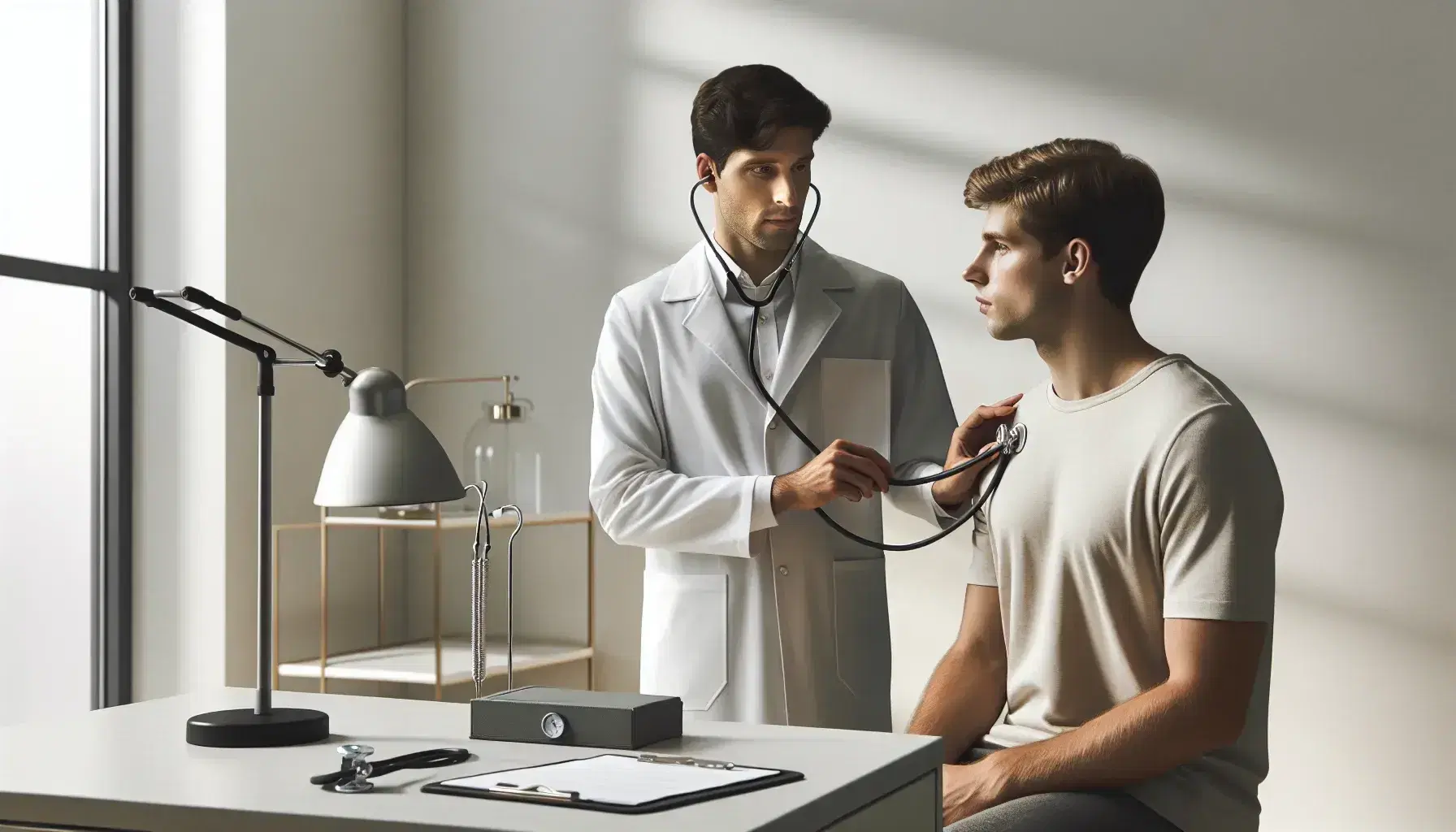 Medico in camice bianco ausculta paziente seduto in ufficio medico luminoso, con strumenti sul tavolo e luce naturale dalla finestra.