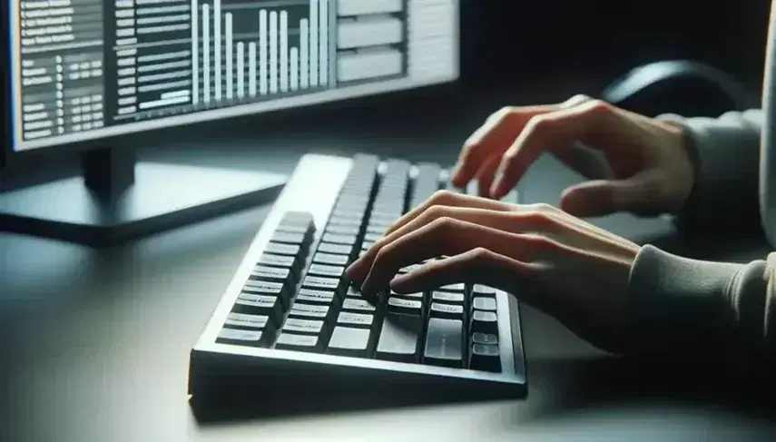 Close-up view of hands on a sleek keyboard with fingers on home row keys, blurred charts on a monitor in the background, in a well-lit workspace.