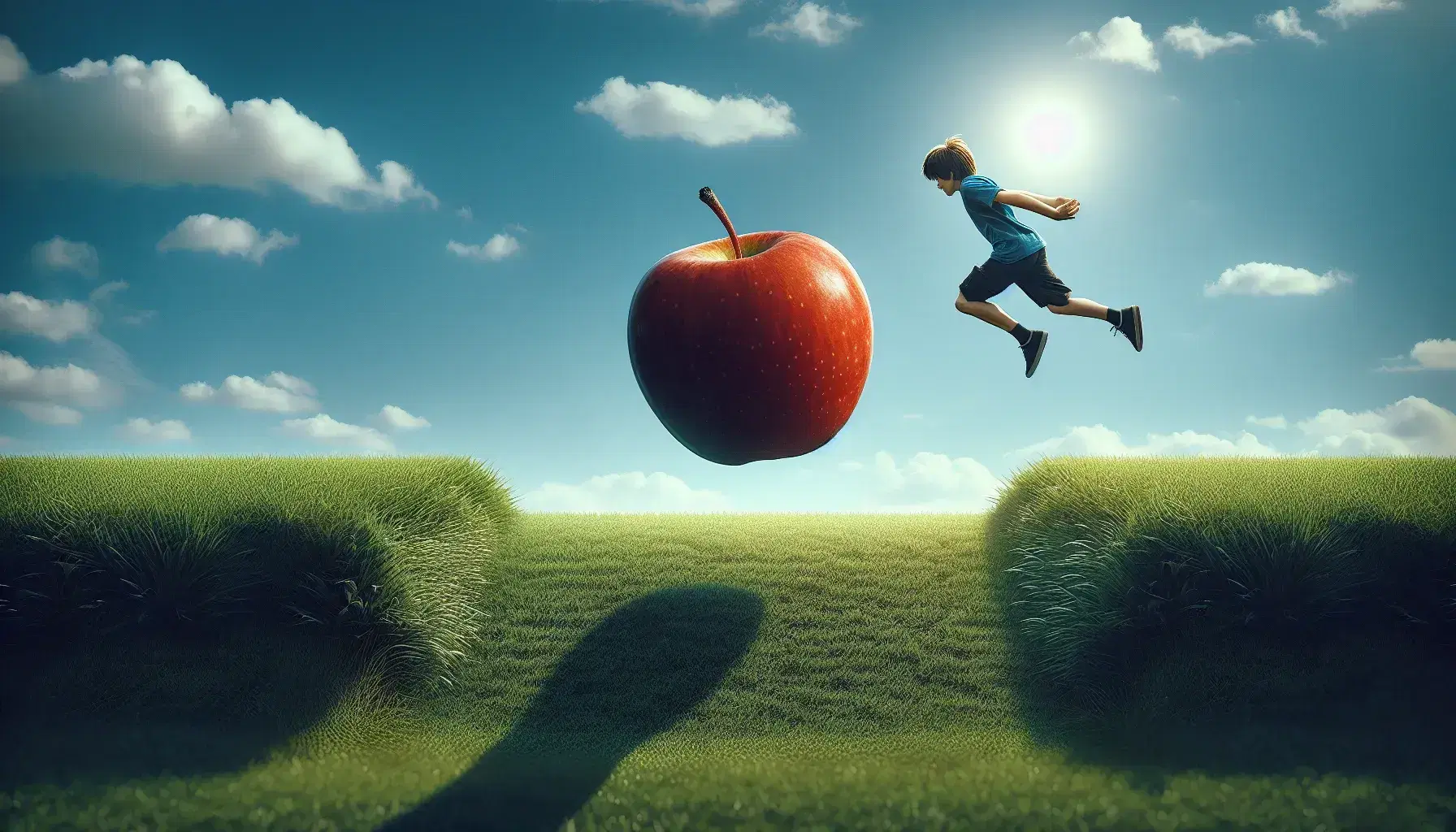 Manzana roja en caída libre sobre césped verde con niño saltando en el fondo bajo un cielo azul con nubes dispersas.