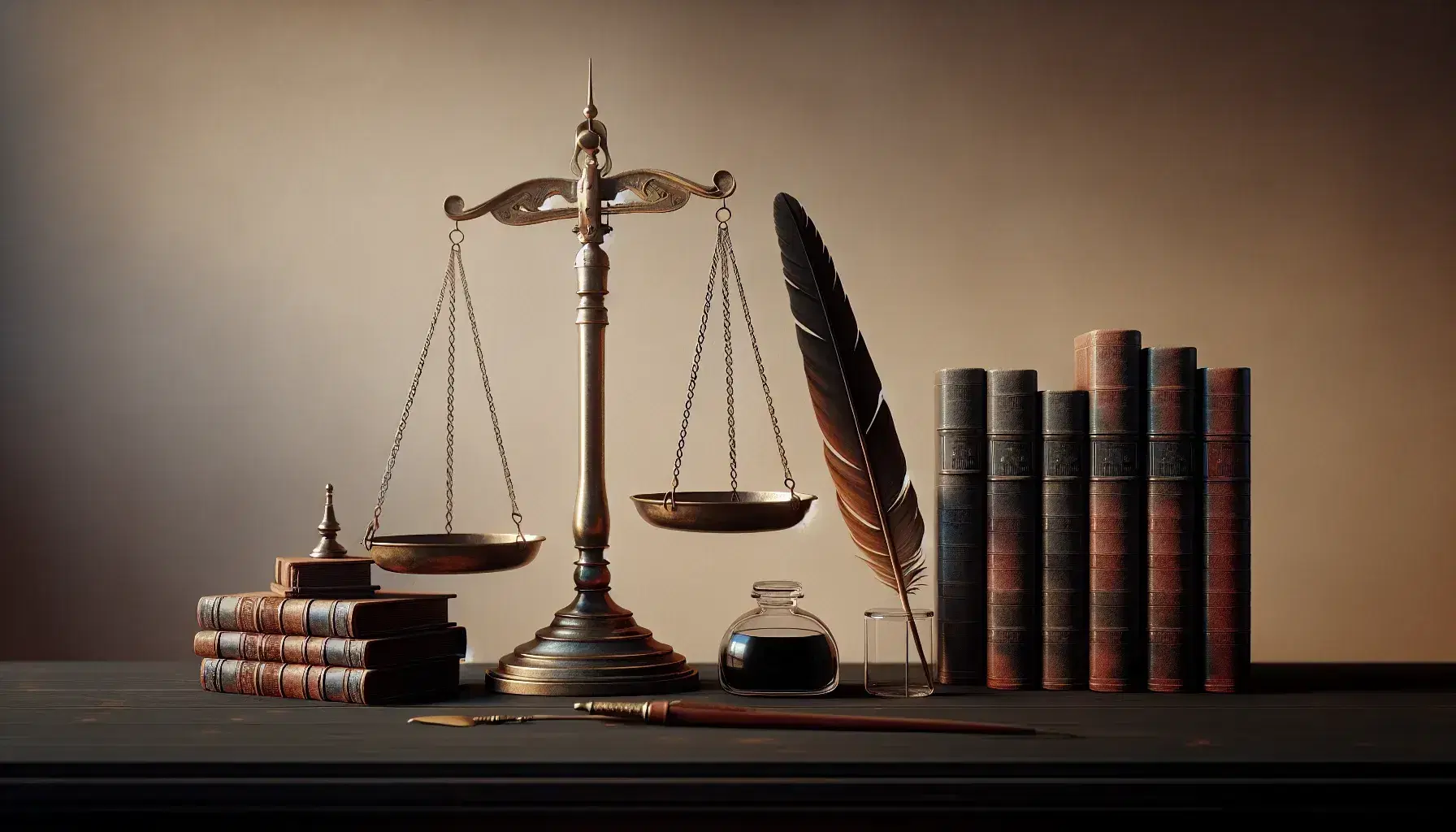 Balanza de justicia de bronce en equilibrio sobre escritorio oscuro, acompañada de libros encuadernados y pluma con tintero de vidrio.