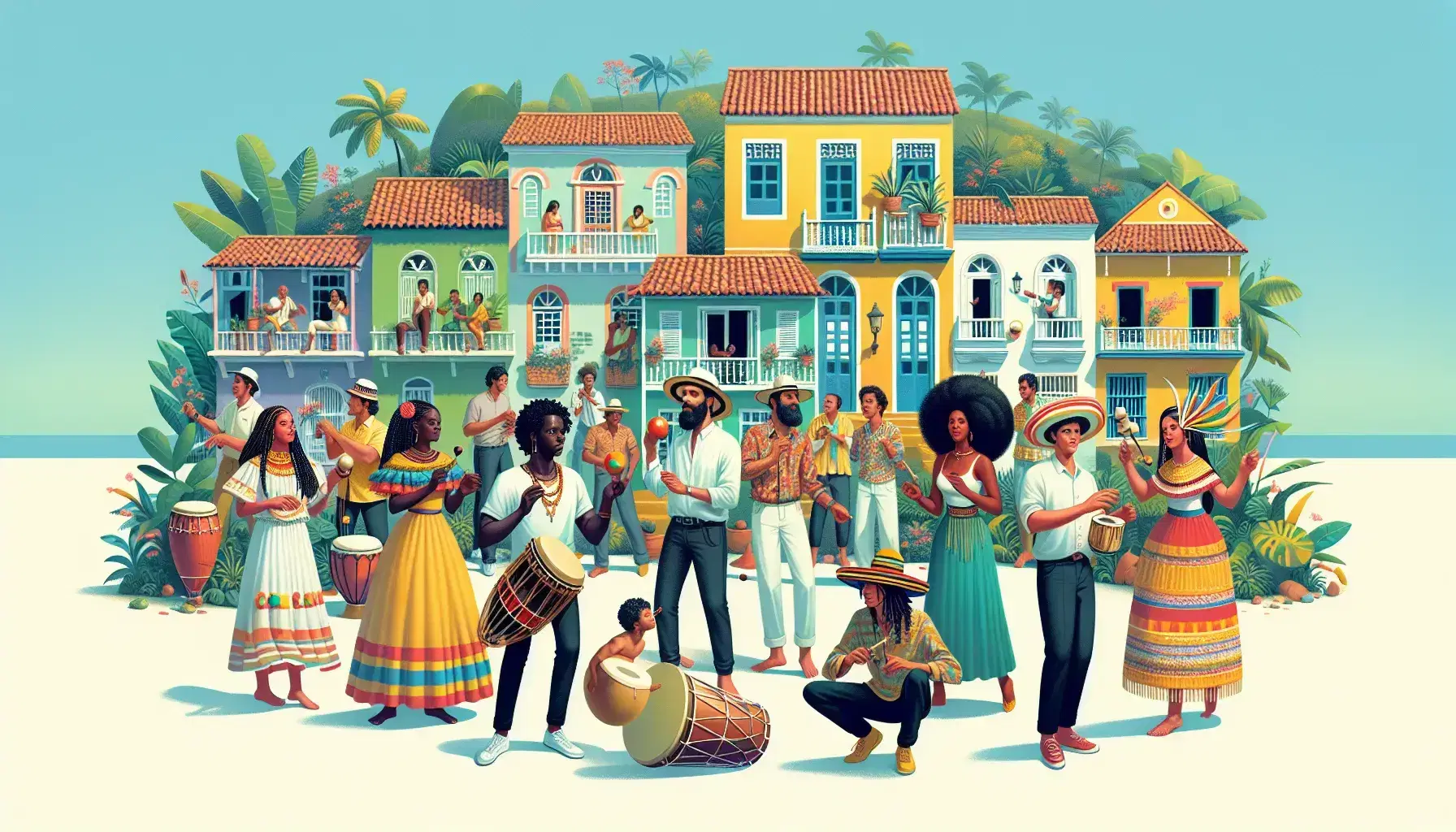 Grupo multicultural celebrando con música y danza tradicional colombiana en un entorno urbano con casas coloridas y vegetación.