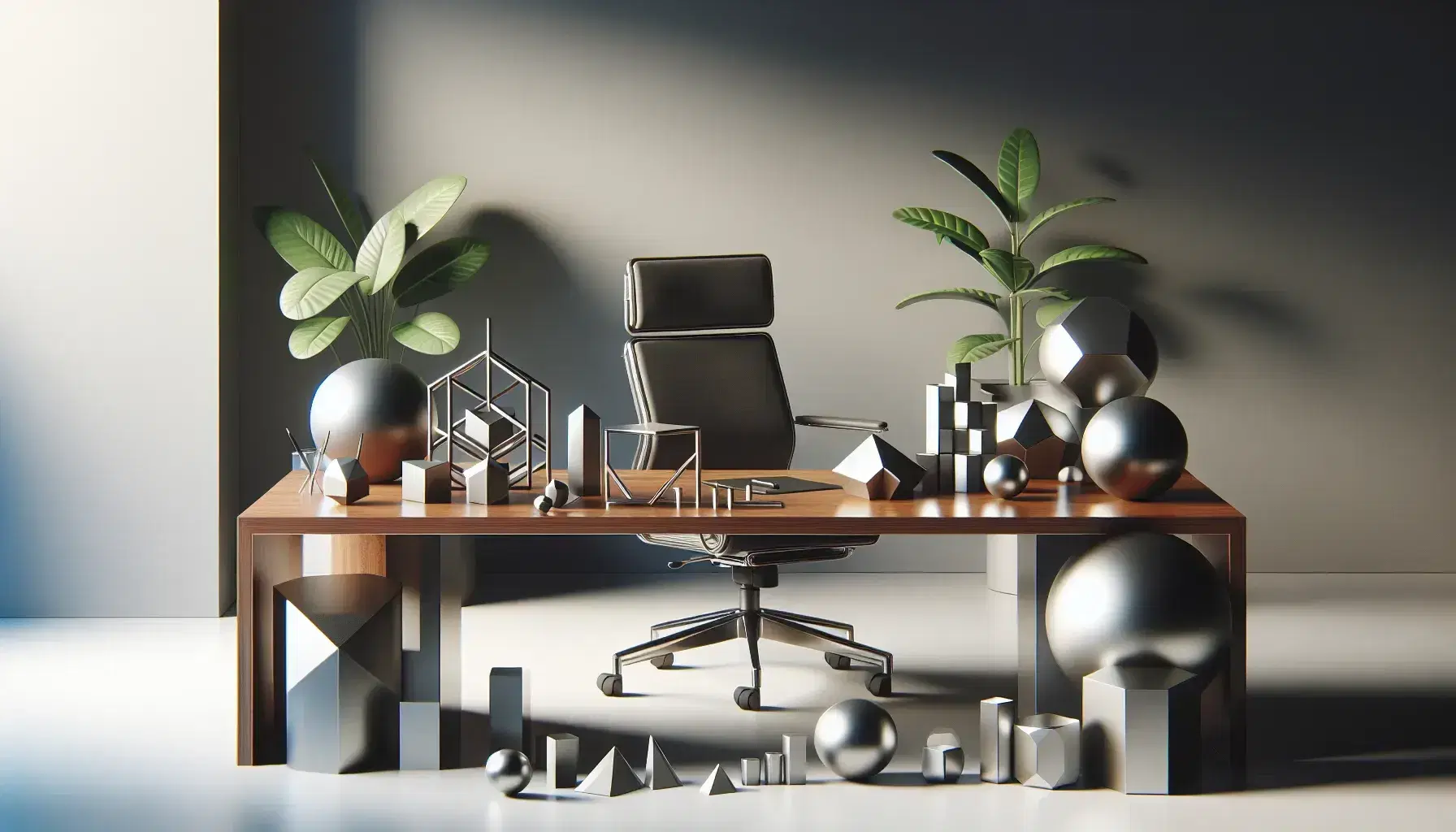 Modern office with wooden desk and black ergonomic chairs, metal geometric shapes, green plant and measuring tools.