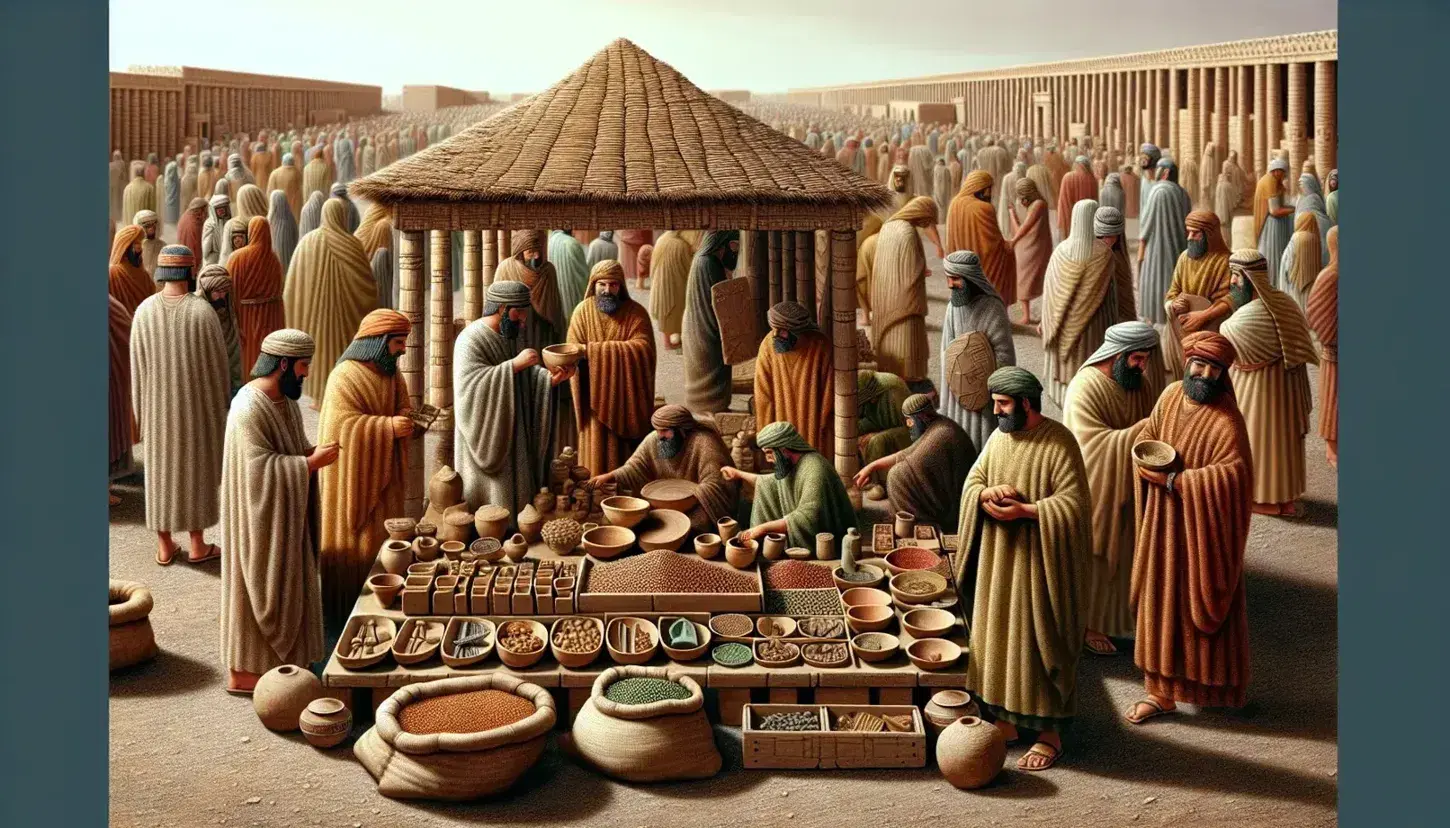 Scena di mercato sumero con persone in tuniche che commerciano ceramiche, spezie e attrezzi in bronzo, sullo sfondo una ziggurat.