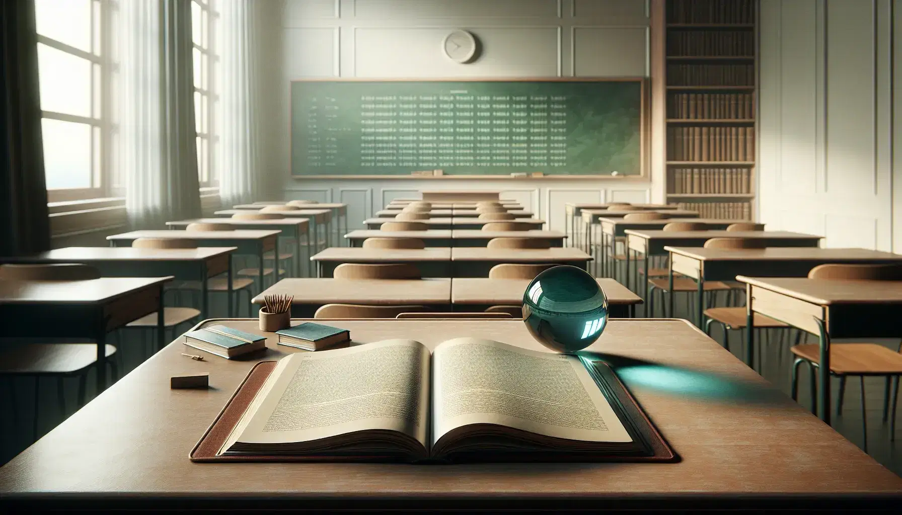 Serene classroom with polished teacher's desk, open textbook, blue glass paperweight, clean chalkboard, arranged student desks with notebooks, and a bookshelf.