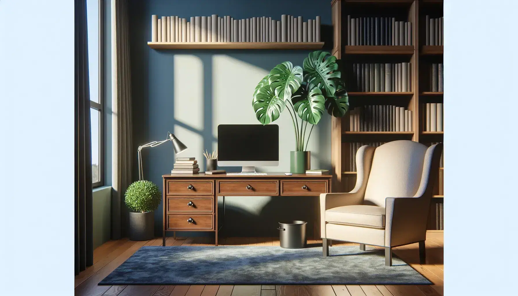A psychiatrist's office with beige armchair, wooden desk with turned off computer, green plant and bookcase full of books, dark blue floor.