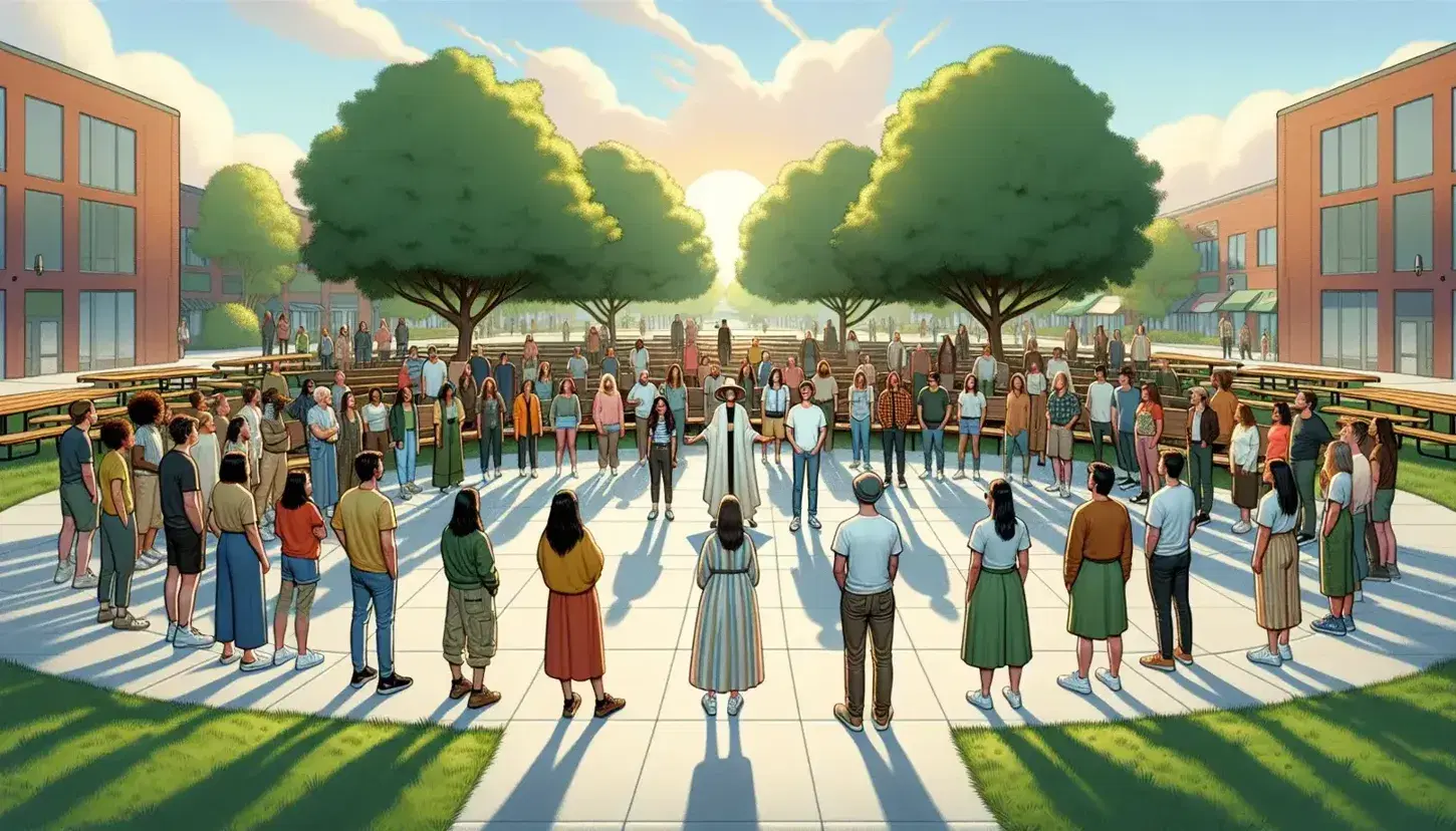 Grupo diverso de personas en un parque participando en una reunión al aire libre, con una persona en el centro liderando la conversación en un día soleado.
