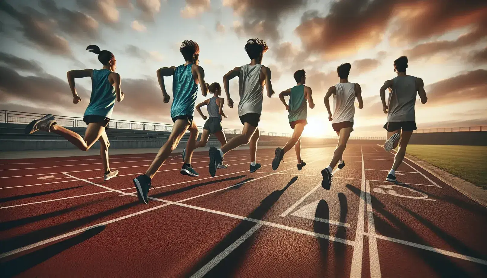 Cinque atleti in corsa su pista d'atletica rossa al tramonto, con cielo arancione e rosa, esprimono determinazione e movimento.