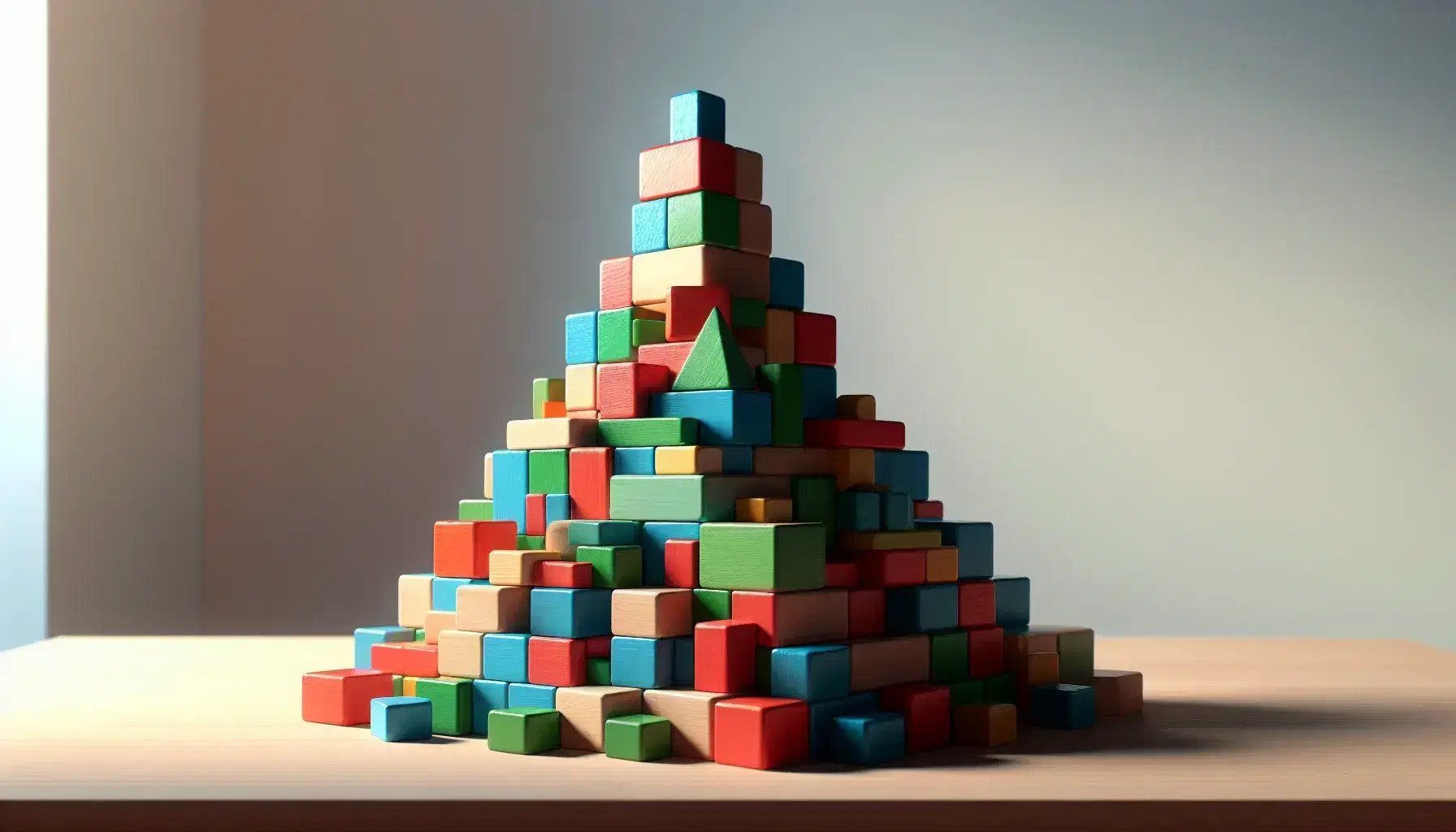 Blocchi di legno colorati impilati a piramide su tavolo chiaro, con ombre morbide che evidenziano la tridimensionalità.