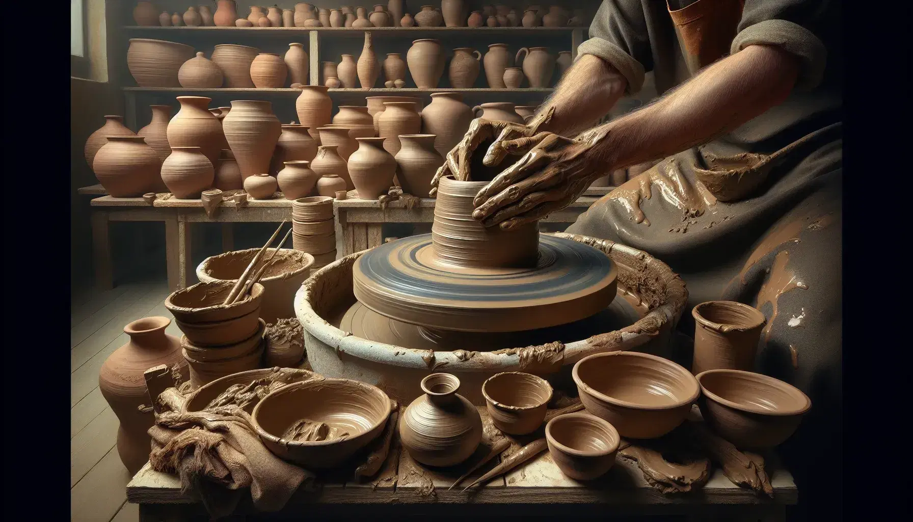 Banco da lavoro di un artigiano ceramista con tornio in azione, mani modellano argilla umida, oggetti ceramici sullo sfondo e strumenti sul tavolo.