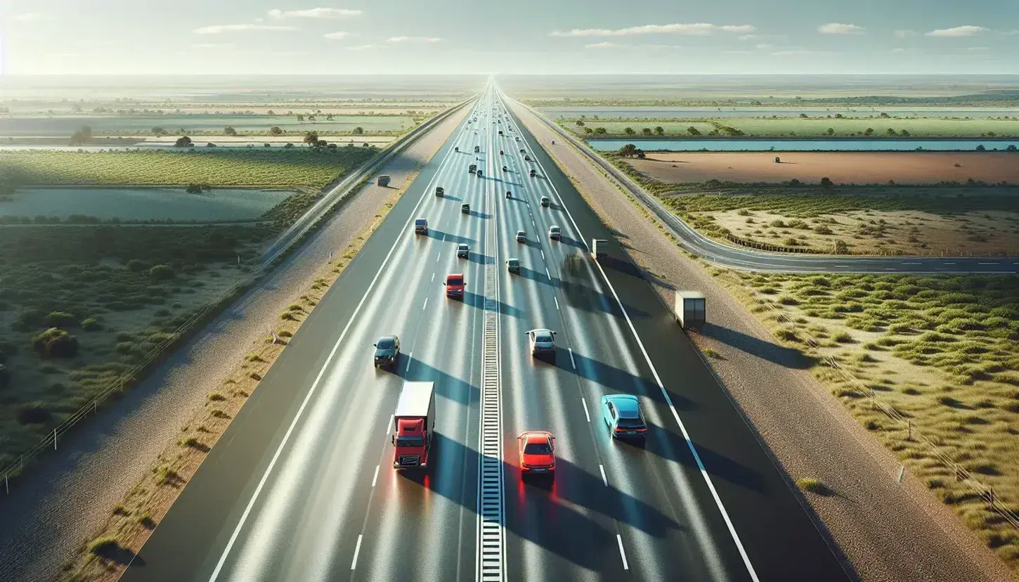 Carretera asfaltada de dos carriles con vehículos en movimiento, rodeada de campos verdes bajo un cielo azul con nubes dispersas en un día soleado.